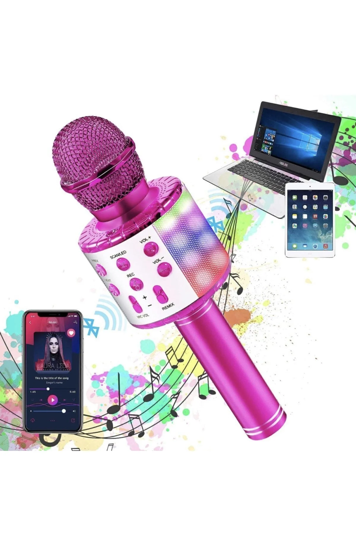 Bluetooth bağlantılı pembe karaoke mikrofonu, hoparlör özellikli, garantisiz - Elektronik