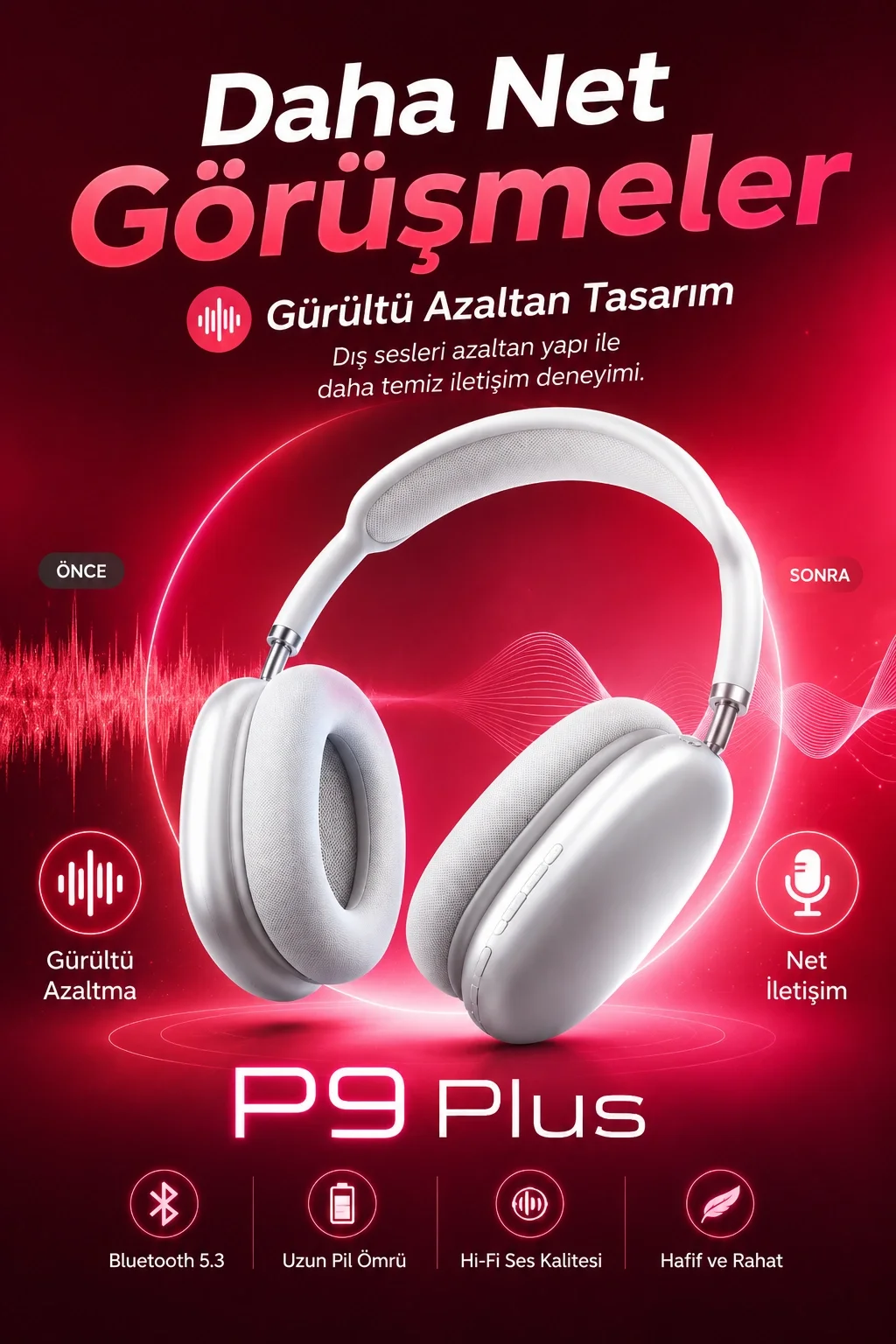 Bluetooth Bağlantılı Kulak Üstü Kulaklık Mikrofonlu Yumuşak Pedli Modern Tasarım