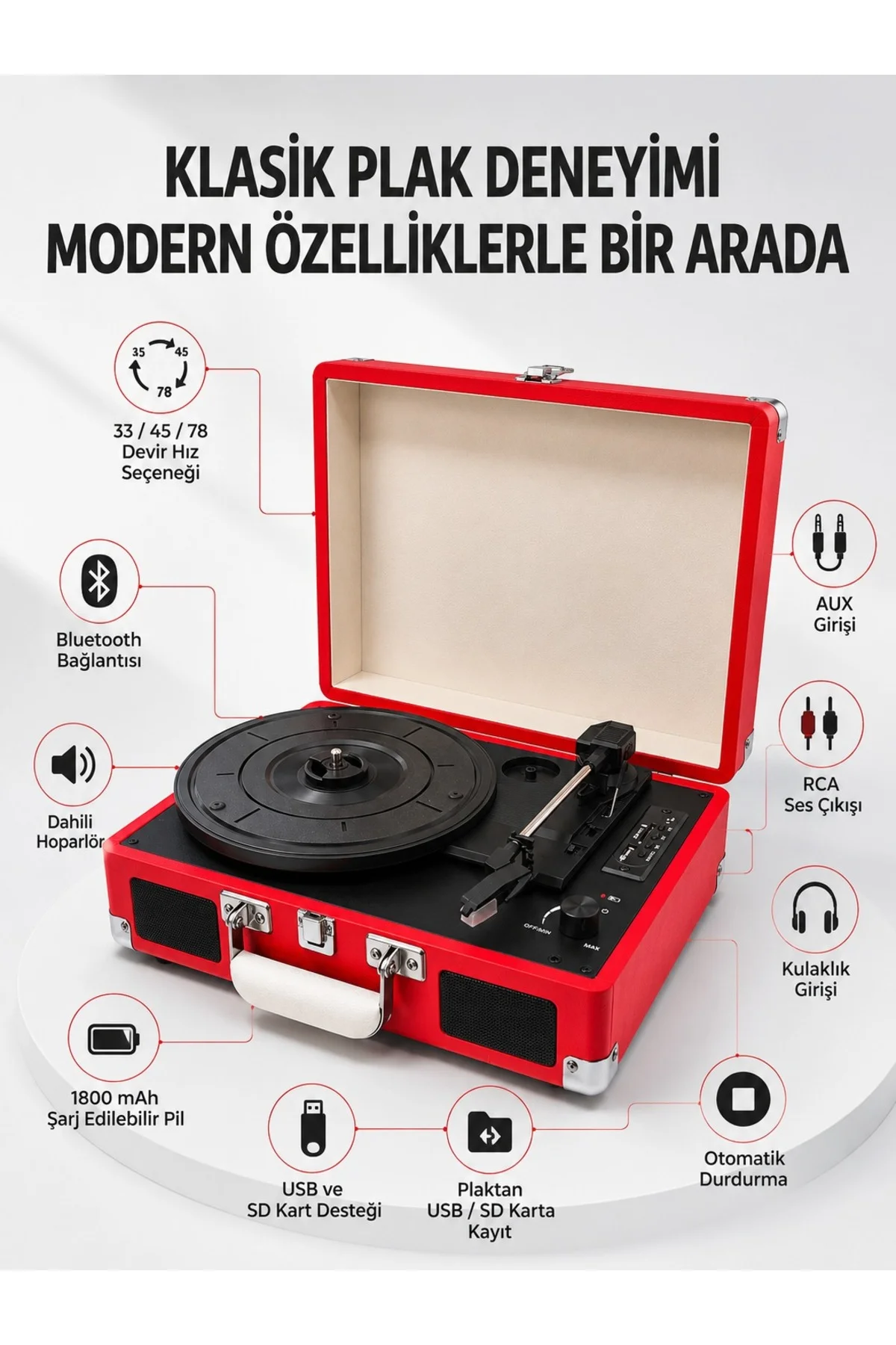 Bluetooth Bağlantılı Portatif Pikap 33 45 78 Devir Dahili Hoparlör ve Şarj Edilebilir Pil - Görsel 3