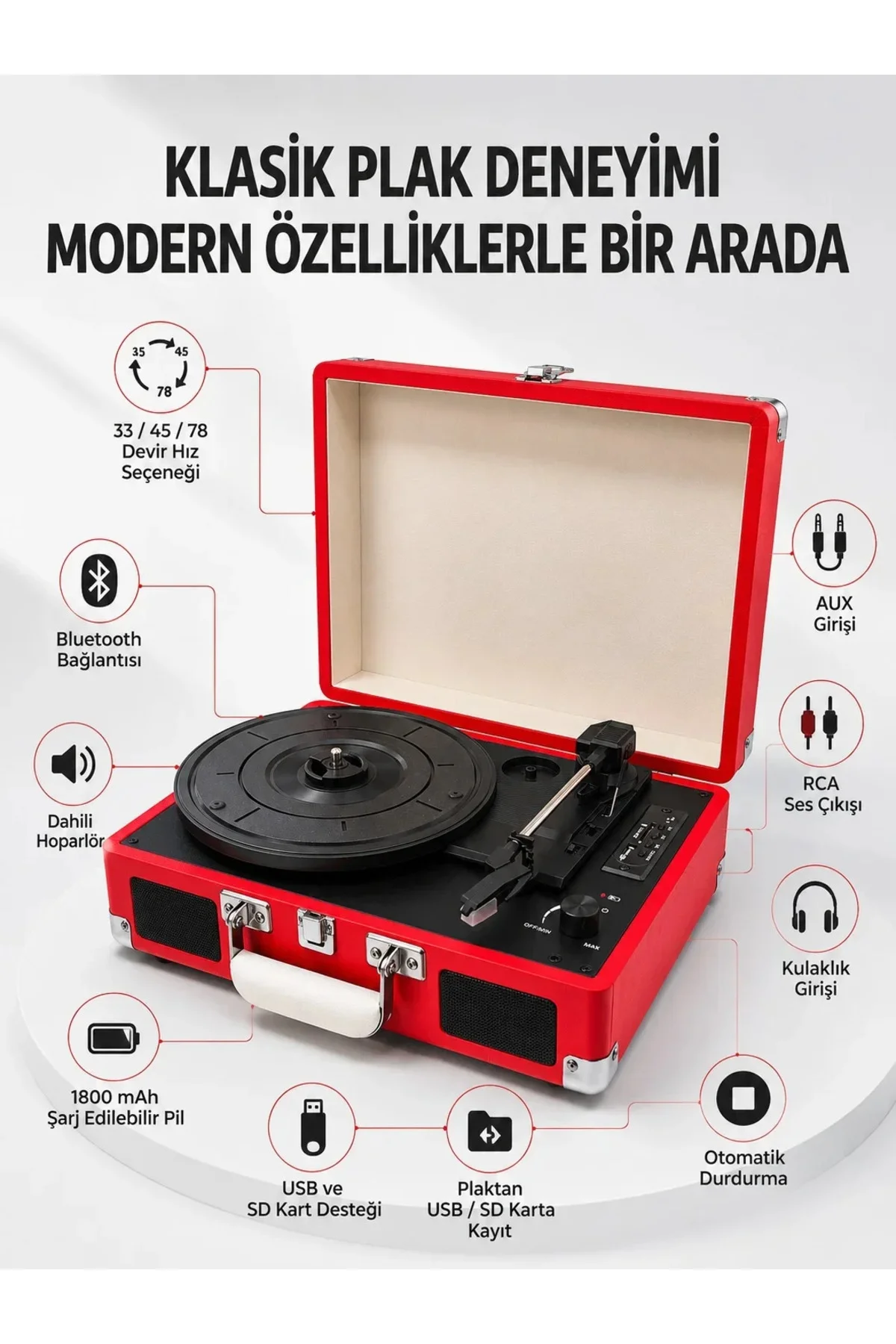 Bluetooth Bağlantılı Portatif Pikap 33 45 78 Devir Dahili Hoparlör ve Şarj Edilebilir Pil - Görsel 3