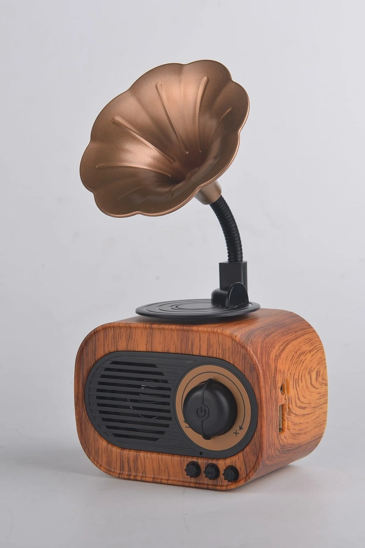 Bluetooth Bağlantılı Nostaljik Radyo ve Gramofon Tasarımlı Taşınabilir Hoparlör, Gri Renk Seçeneği