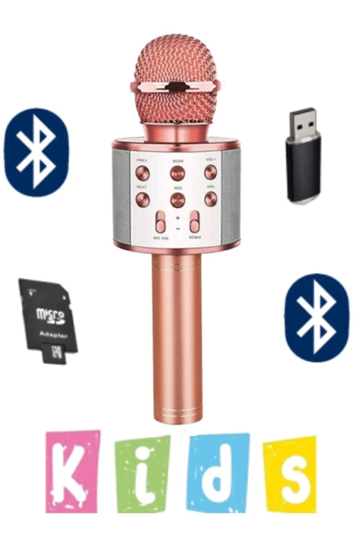 Bluetooth bağlantılı pembe karaoke mikrofon dahili hoparlör usb tf kart destekli çocuk