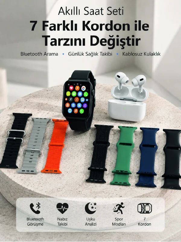 Bluetooth Görüşme Destekli Akıllı Saat Seti Kablosuz Kulaklık, 7 Kordon ve Çoklu Spor Modu Bluetooth Görüşme Destekli Akıllı Saat Seti Kablosuz Kulaklık, 7 Kordon ve Çoklu Spor Modu