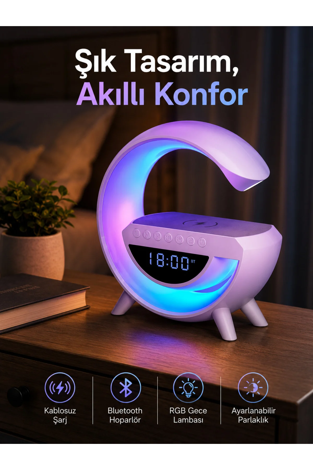 Bluetooth Hoparlör 15W Kablosuz Hızlı Şarj LED Gece Lambası