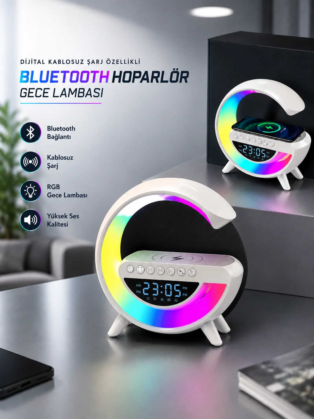 Bluetooth Hoparlör 15W Kablosuz Hızlı Şarj LED Gece Lambası