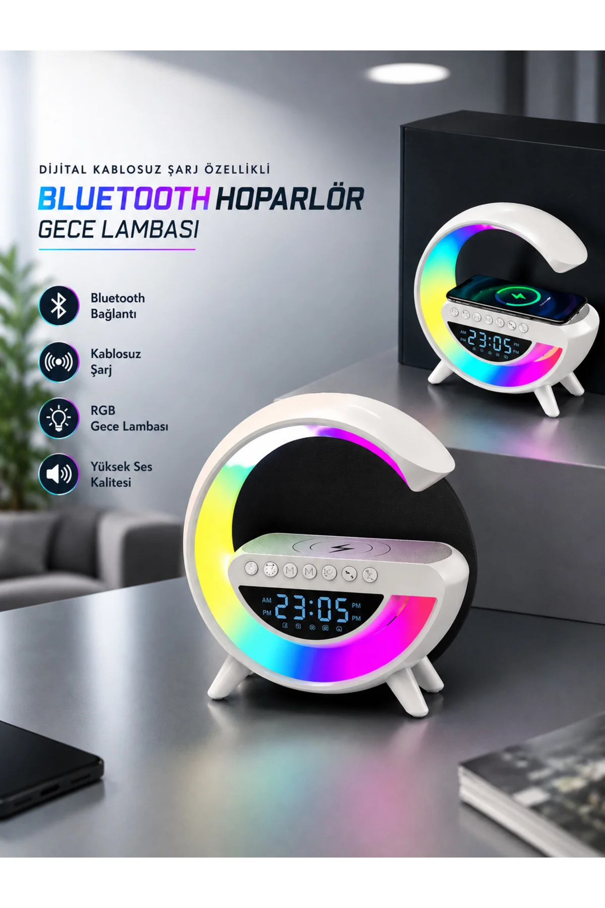 Bluetooth Hoparlör 15W Kablosuz Hızlı Şarj LED Gece Lambası