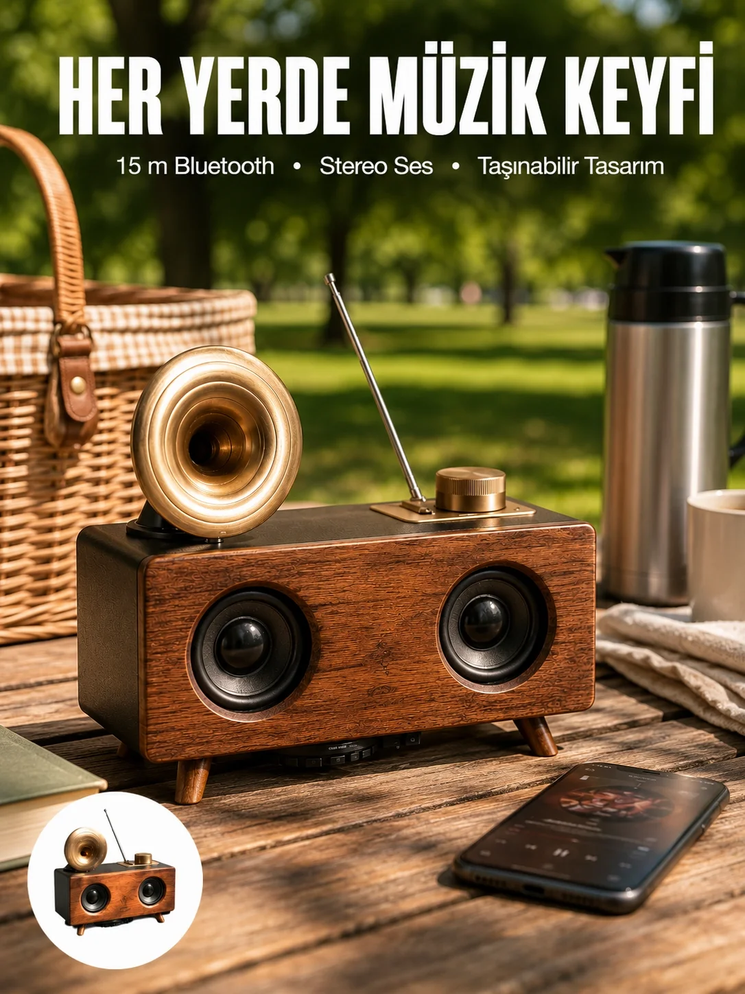 Bluetooth Hoparlör Ahşap Klasik Retro Gramofon Bluetooth Müzik Ku