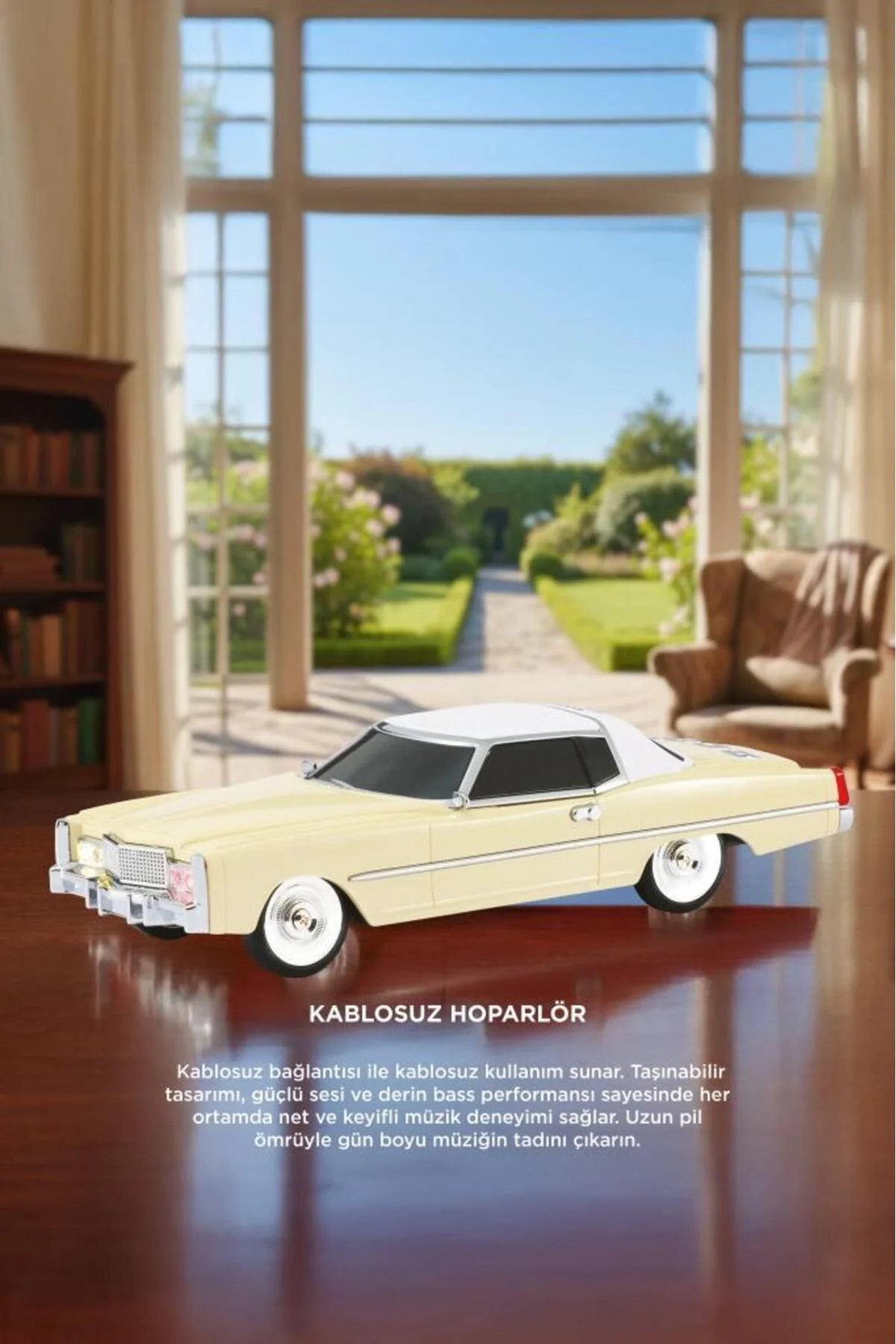 Bluetooth hoparlör bej renk retro araba tasarımlı 10W FM USB TWS 3 saat dinleme süresi