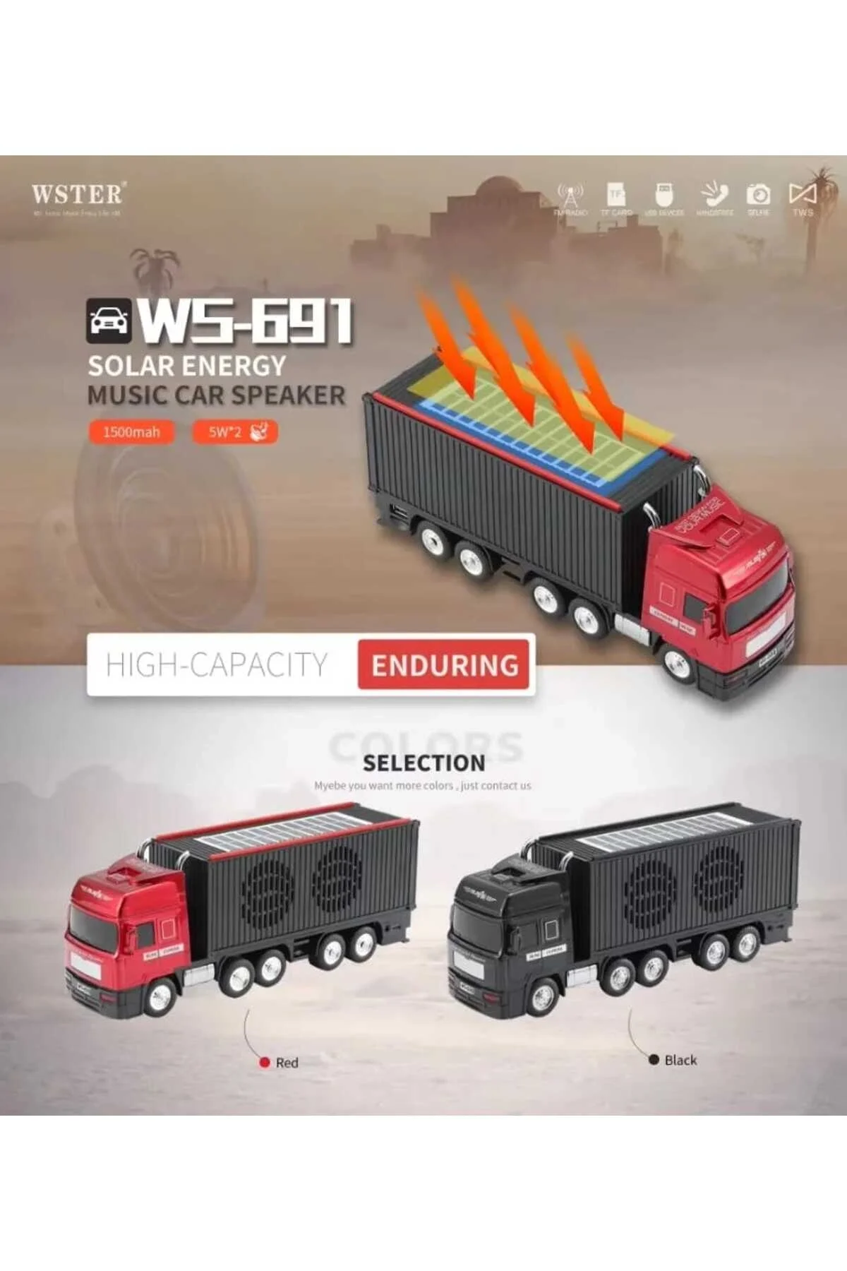 Bluetooth hoparlör kırmızı renk güneş enerjili kamyon tır araba tasarım 10 watt TWS FM radyo