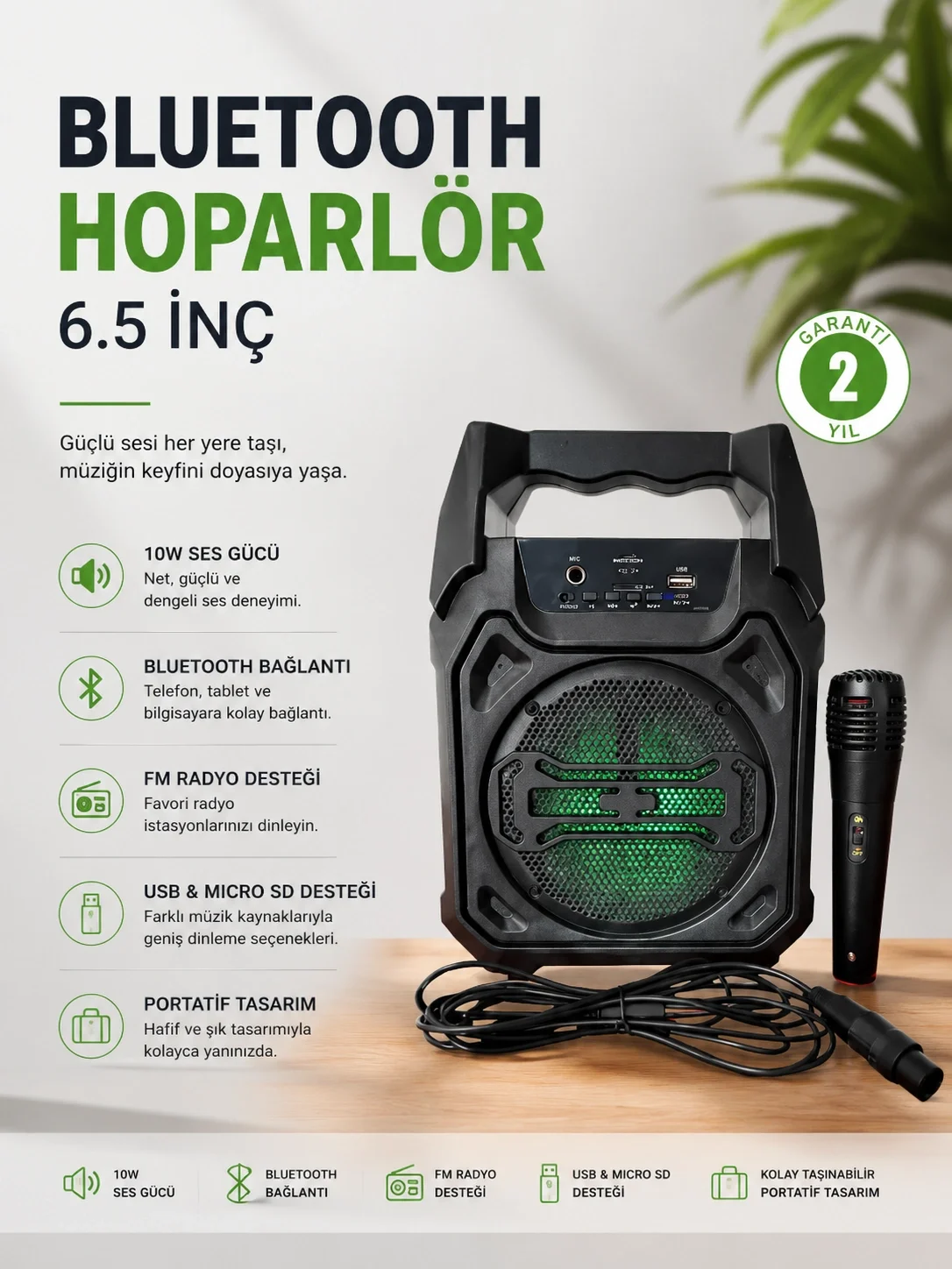 Bluetooth Hoparlör Mikrofonlu Taşınabilir Ses Sistemi FM Radyo, USB, SD Kart ve TWS Özellikli Bluetooth Hoparlör Mikrofonlu Taşınabilir Ses Sistemi FM Radyo, USB, SD Kart ve TWS Özellikli