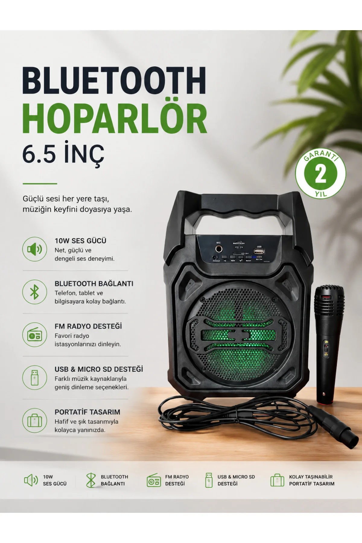 Bluetooth Hoparlör Mikrofonlu Taşınabilir Ses Sistemi FM Radyo, USB, SD Kart ve TWS Özellikli