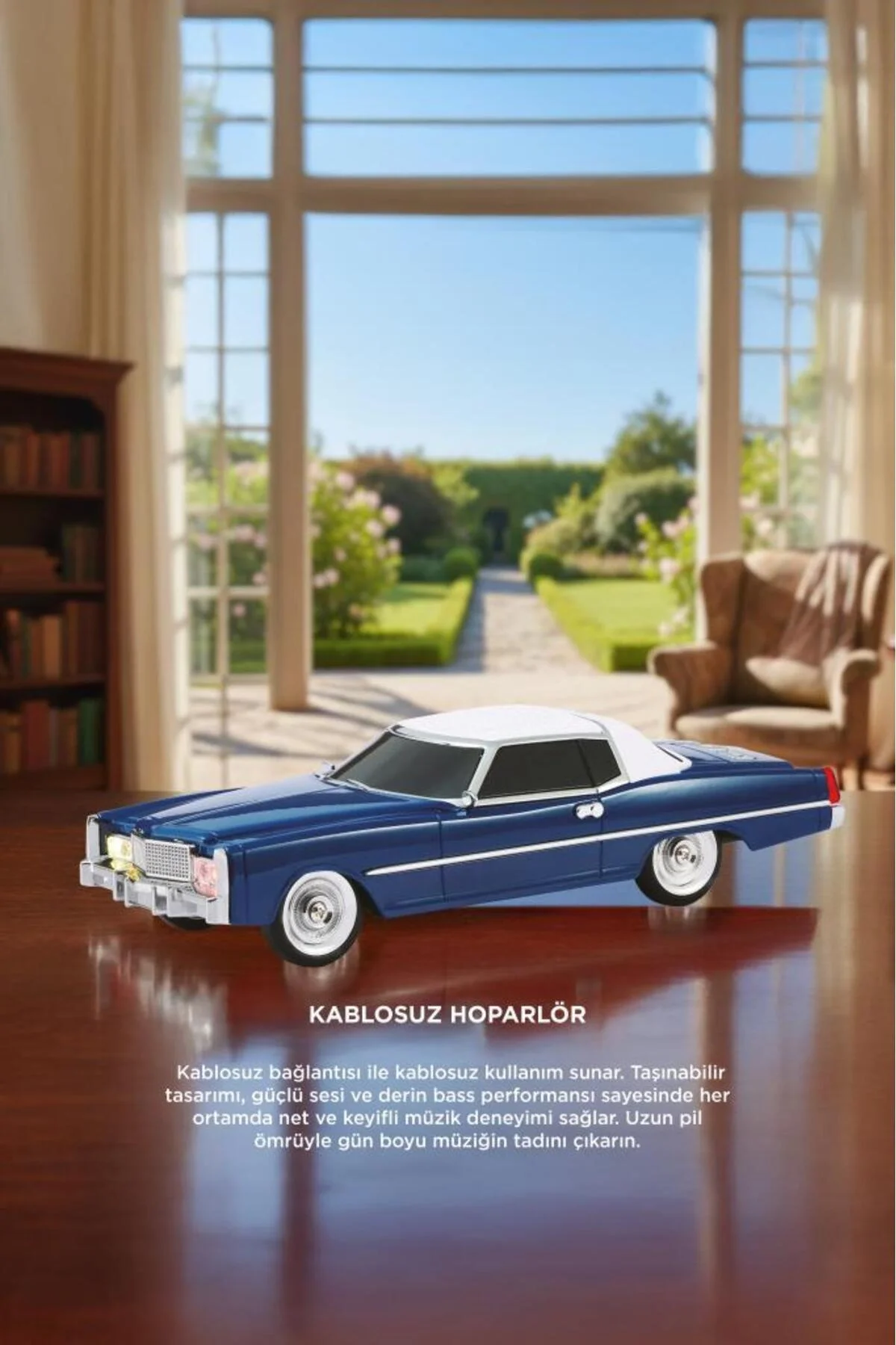 Bluetooth hoparlör retro araba tasarımlı 10W mavi FM USB TWS 3 saat dinleme süresi