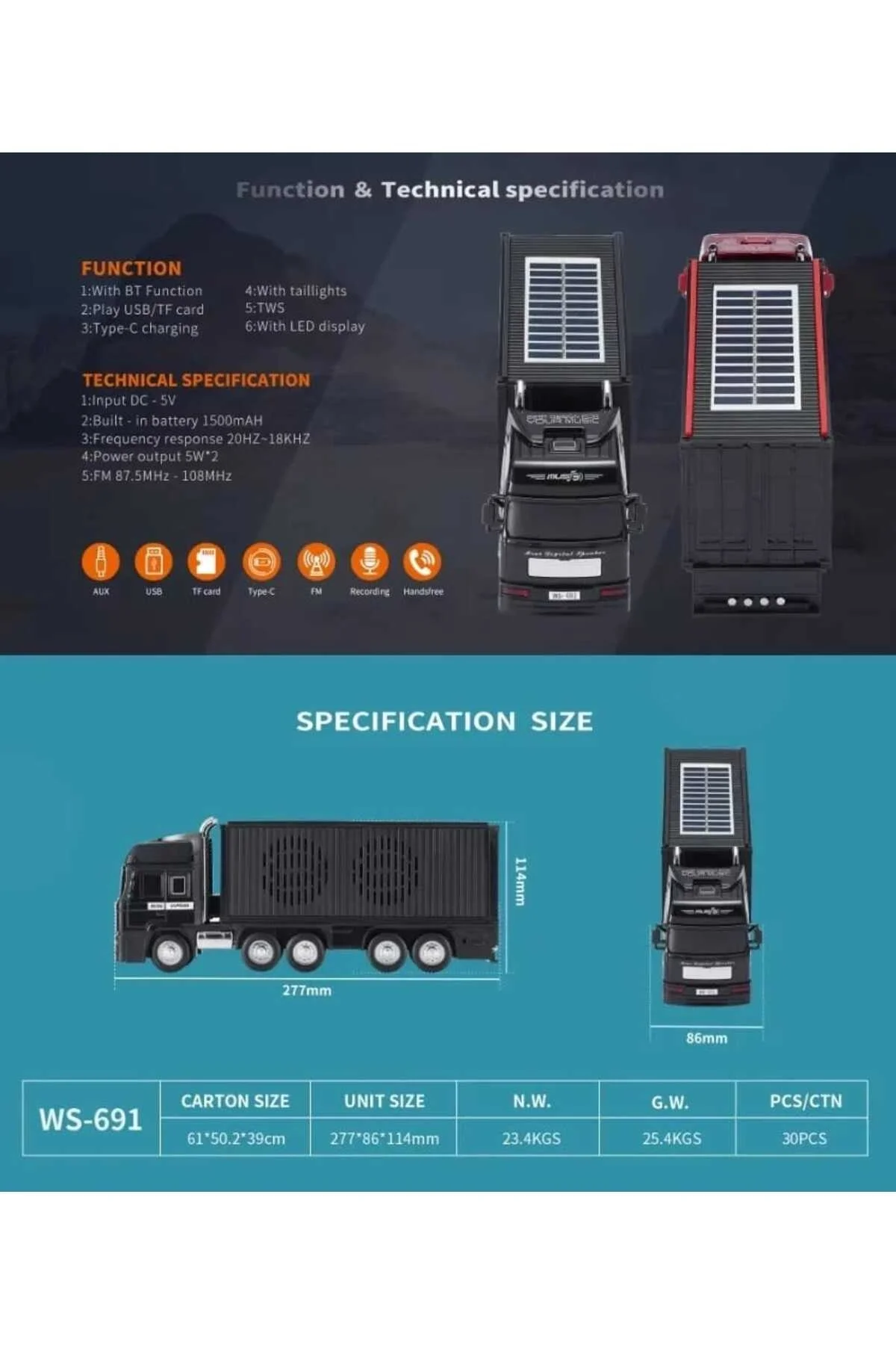 Bluetooth hoparlör siyah güneş enerjili kamyon tır araba 10 watt TWS FM radyo USB SD kart