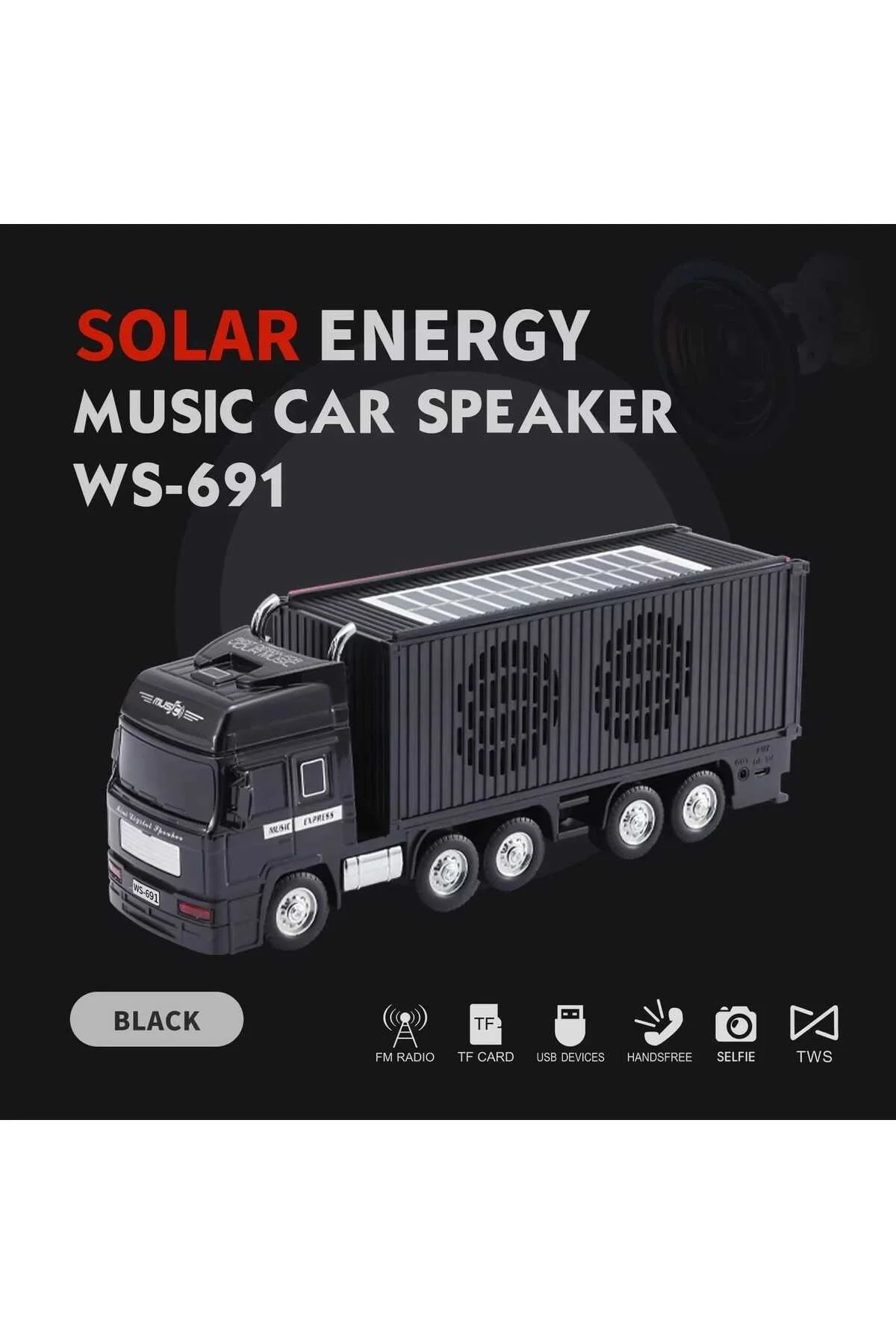 Bluetooth hoparlör siyah güneş enerjili kamyon tır araba 10 watt TWS FM radyo USB SD kart