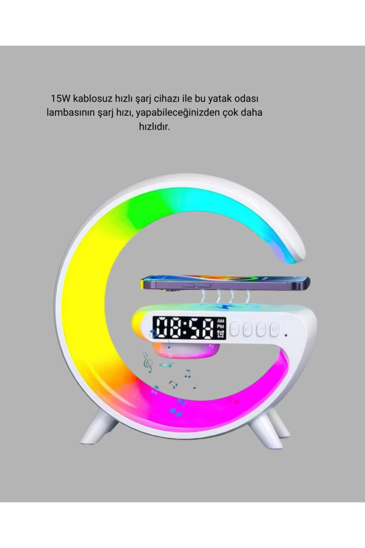 Bluetooth Hoparlörlü RGB Atmosfer Lambası Kablosuz Şarj ve Saat Özellikli