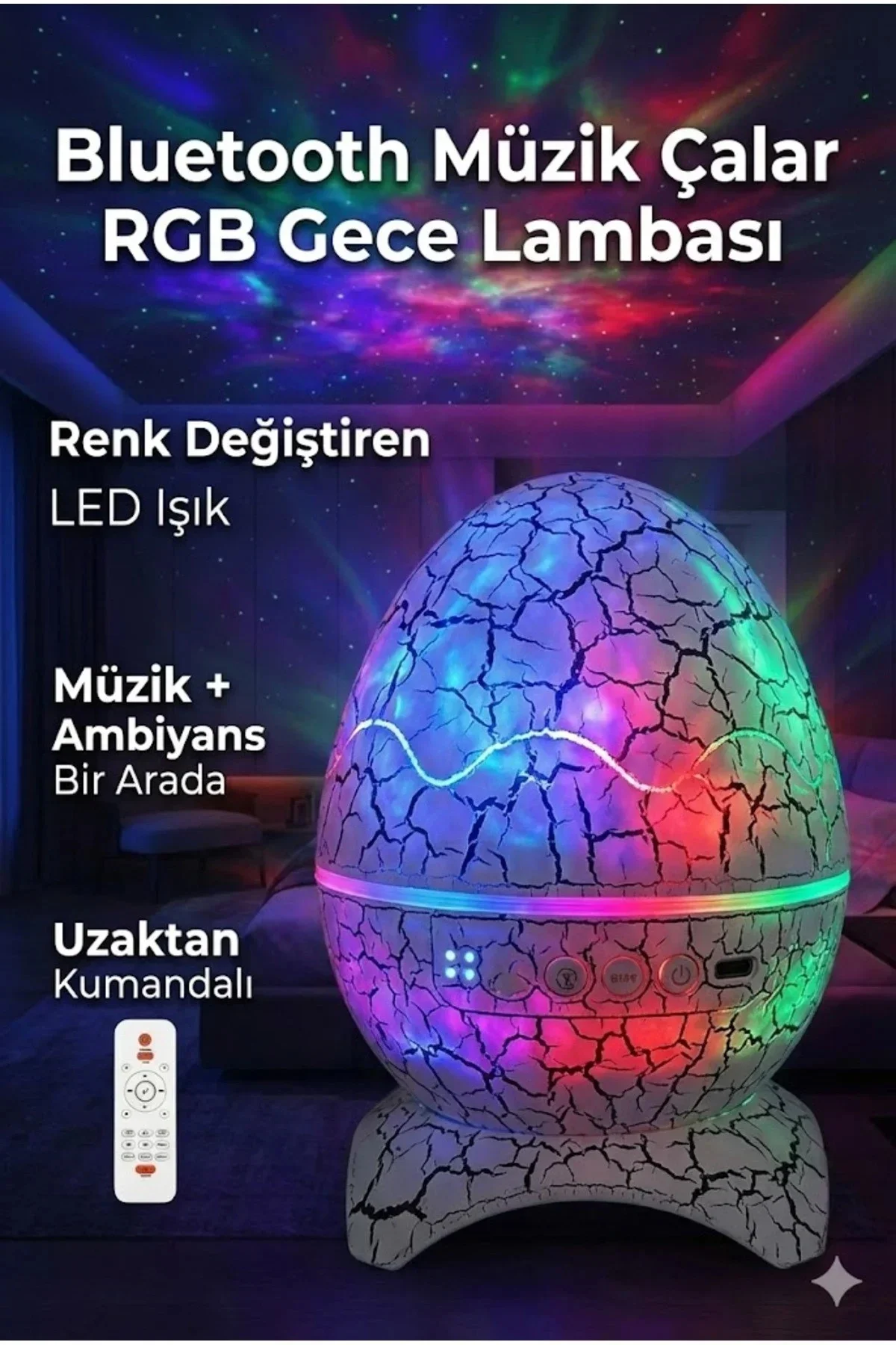 Bluetooth Hoparlörlü RGB Gece Lambası – Dinazor yumurtası Işıklı, Uzaktan Kumandalı Dekor Lamba Bluetooth Hoparlörlü RGB Gece Lambası – Dinazor yumurtası Işıklı, Uzaktan Kumandalı Dekor Lamba