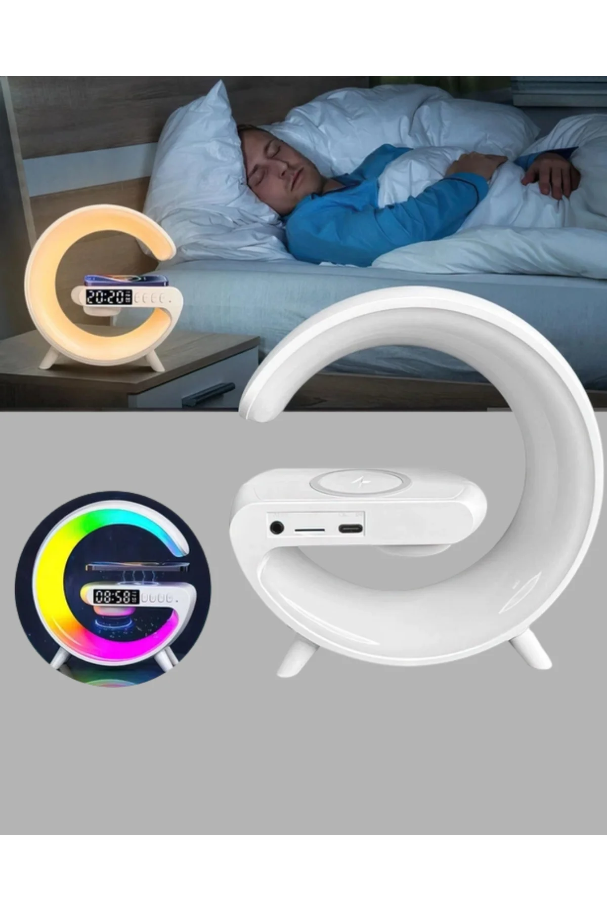 Bluetooth Hoparlörlü RGB Atmosfer Lambası Kablosuz Şarj ve Saat Özellikli