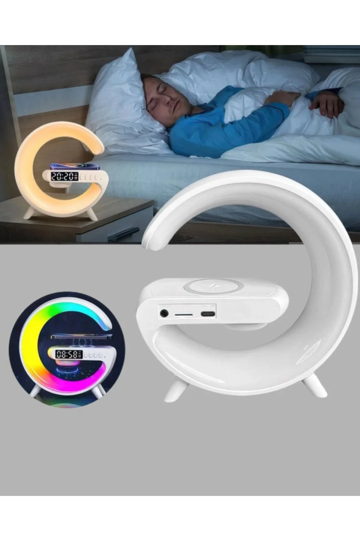 Bluetooth Hoparlörlü RGB Atmosfer Lambası Kablosuz Şarj ve Saat Özellikli