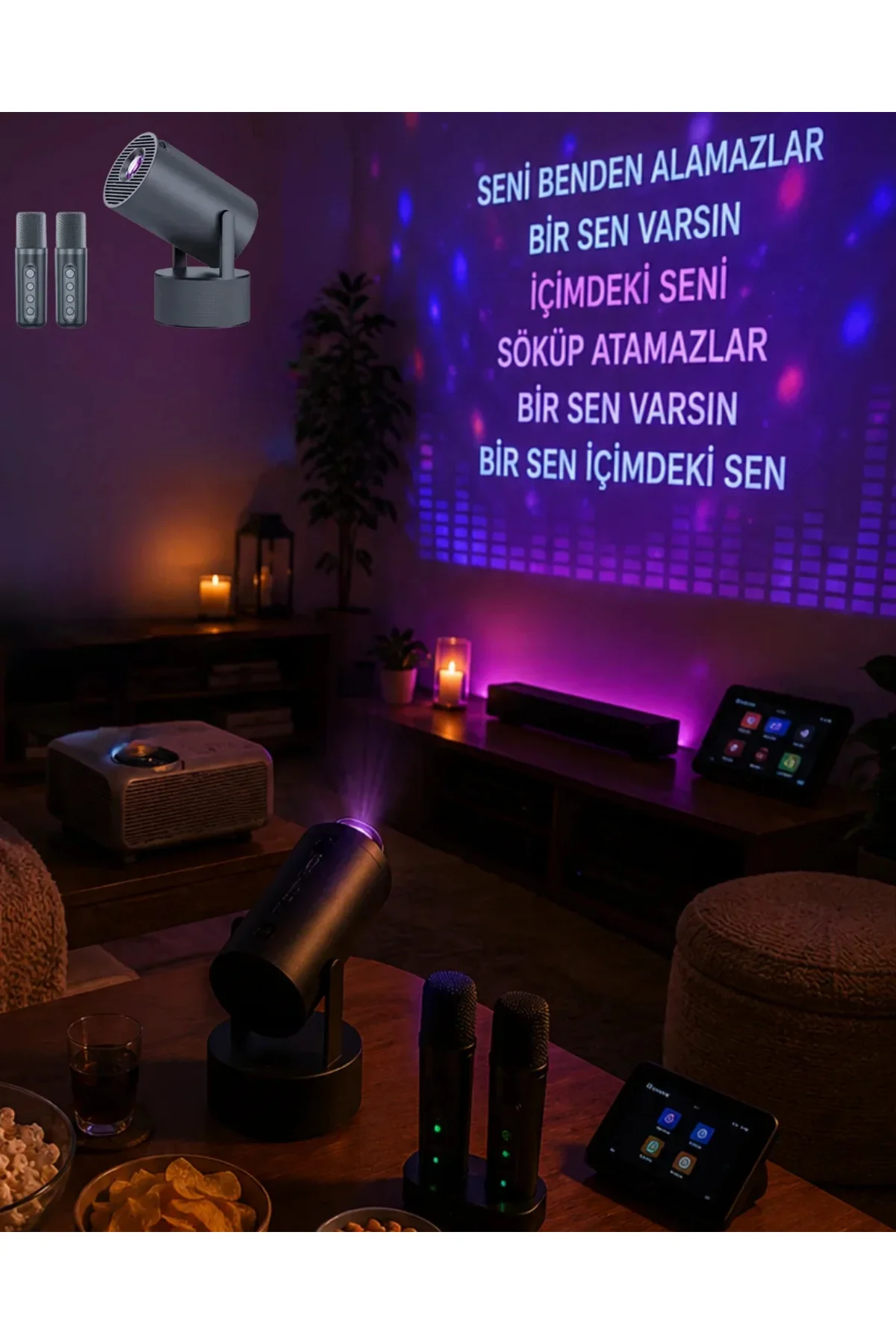 Bluetooth Hoparlörlü Akıllı Projektör Kablosuz Karaoke krofonlu Bluetooth Hoparlörlü Akıllı Projektör Kablosuz Karaoke krofonlu