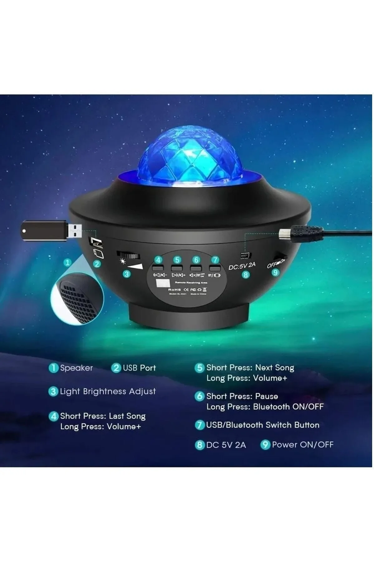 Bluetooth hoparlörlü sese duyarlı projektör gece lambası tavan aydınlatıcı çok renkli