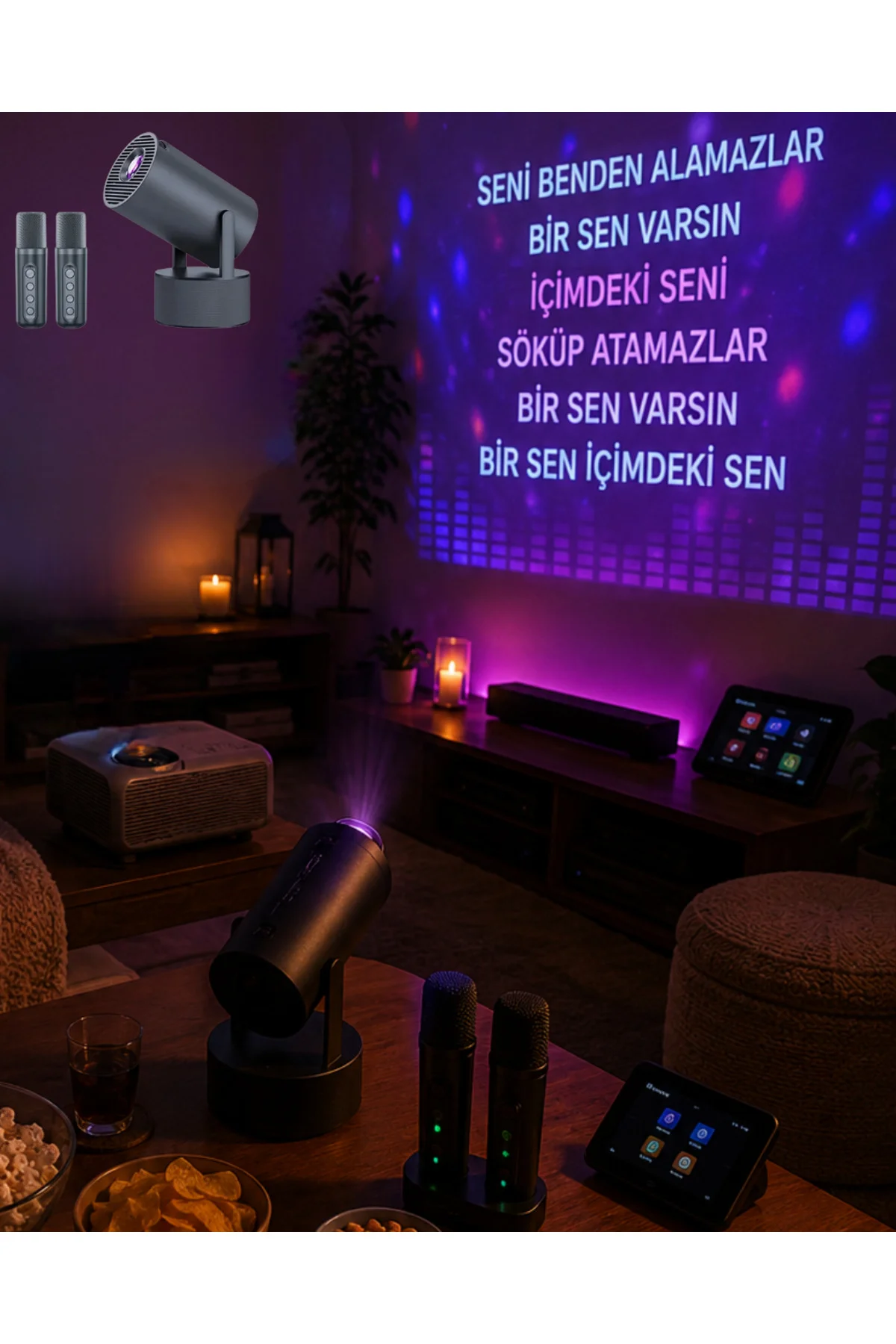 Bluetooth Hoparlörlü Akıllı Projektör Kablosuz Karaoke Mikrofonlu Bluetooth Hoparlörlü Akıllı Projektör Kablosuz Karaoke Mikrofonlu