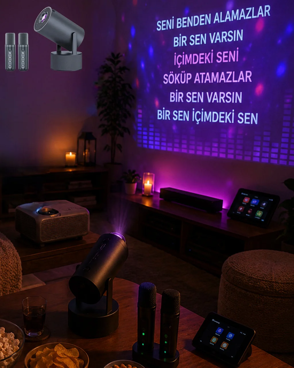 Bluetooth Hoparlörlü Akıllı Projektör Kablosuz Karaoke Mikrofonlu - Lisinya