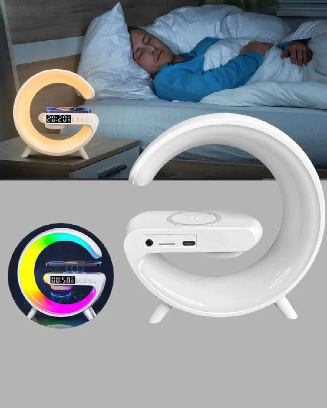 Bluetooth Hoparlörlü RGB Atmosfer Lambası Kablosuz Şarj ve Saat Özellikli