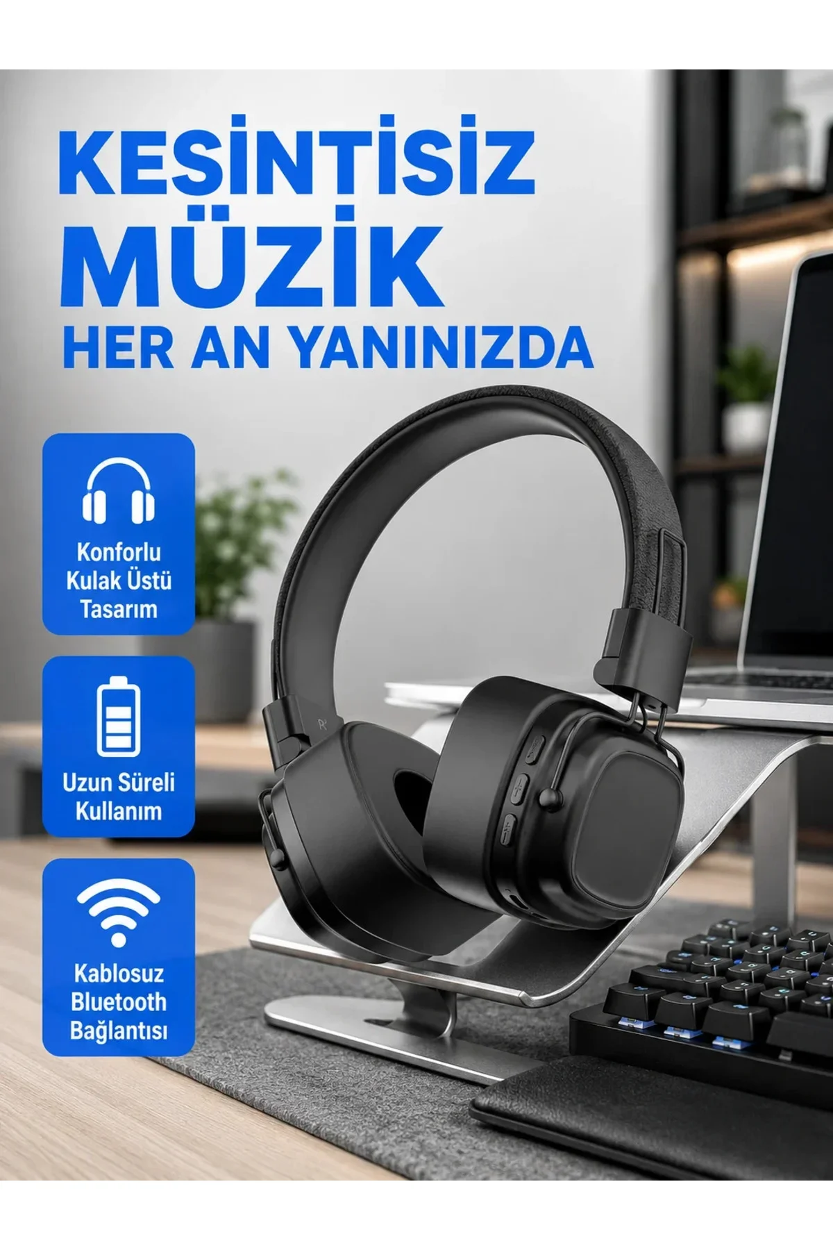 Bluetooth Kablosuz Kulak Üstü Kulaklık Katlanabilir Konforlu ve Şık Tasarımlı Bluetooth Kablosuz Kulak Üstü Kulaklık Katlanabilir Konforlu ve Şık Tasarımlı