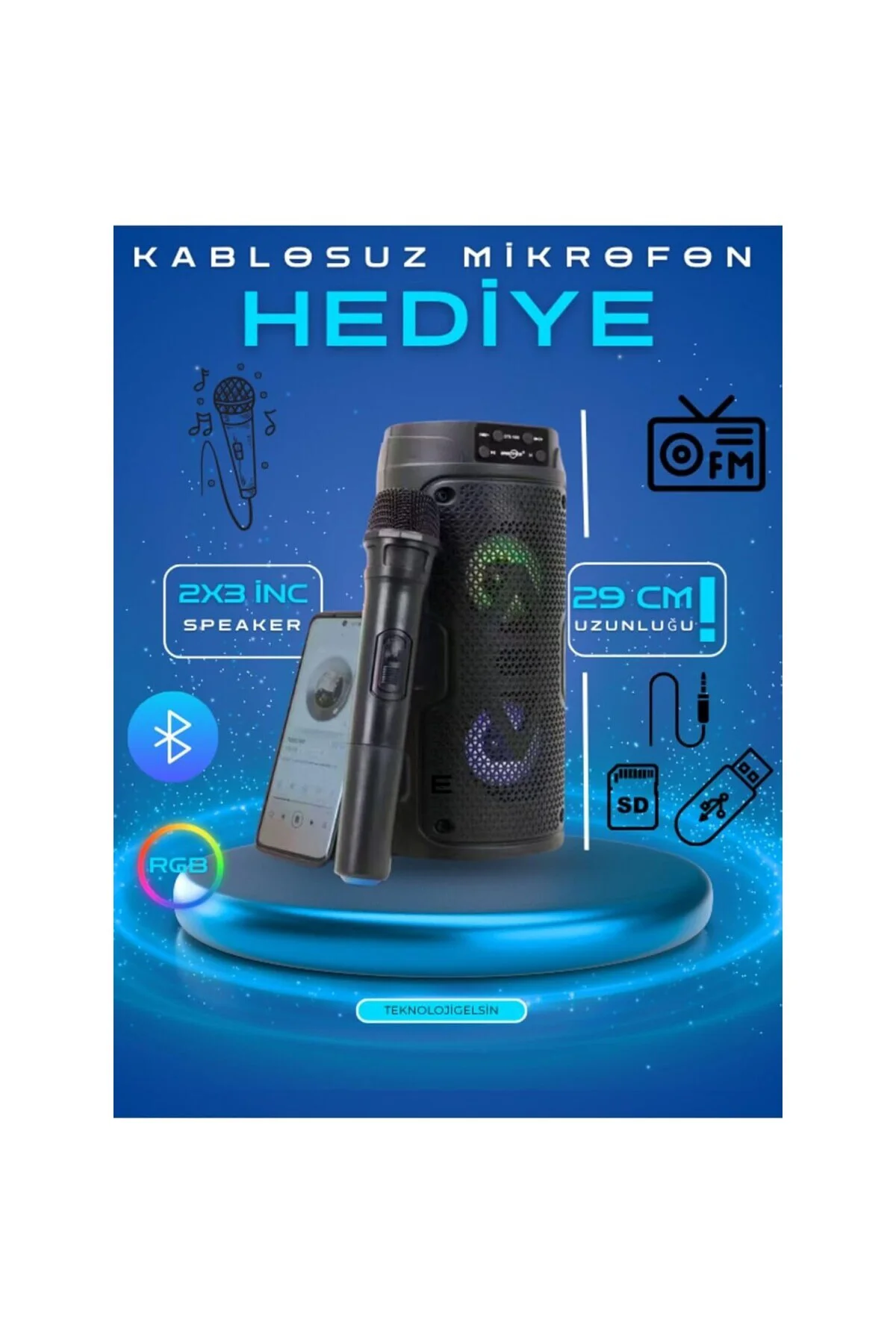 Bluetooth Karaoke Hoparlör, RGB Işıklı, 29 cm, Kablosuz Mikrofonl