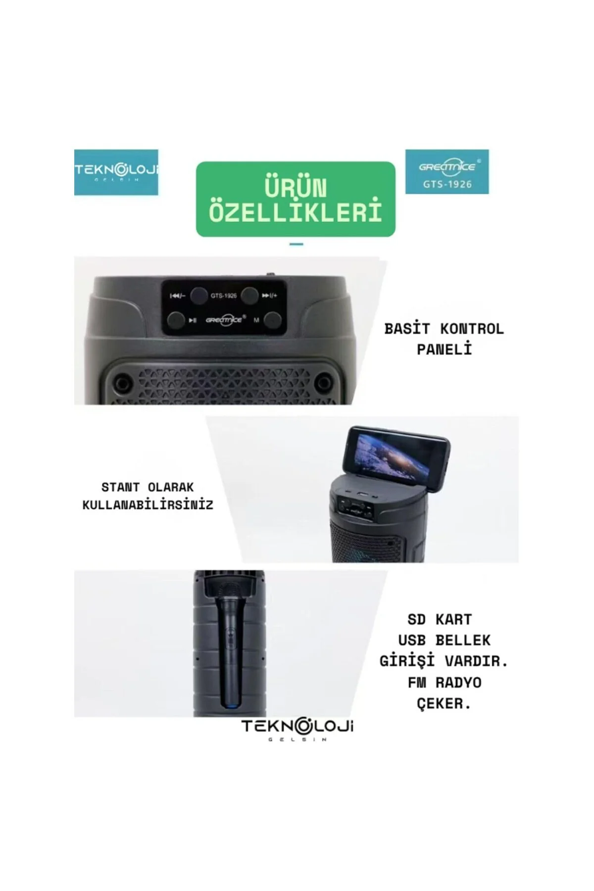 Bluetooth Karaoke Hoparlör, RGB Işıklı, 29 cm, Kablosuz Mikrofonl