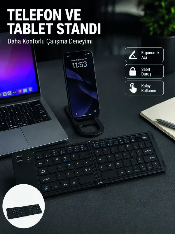 Bluetooth Katlanabilir Klavye USB-C Şarjlı 3 Cihaz Bağlantılı Taş