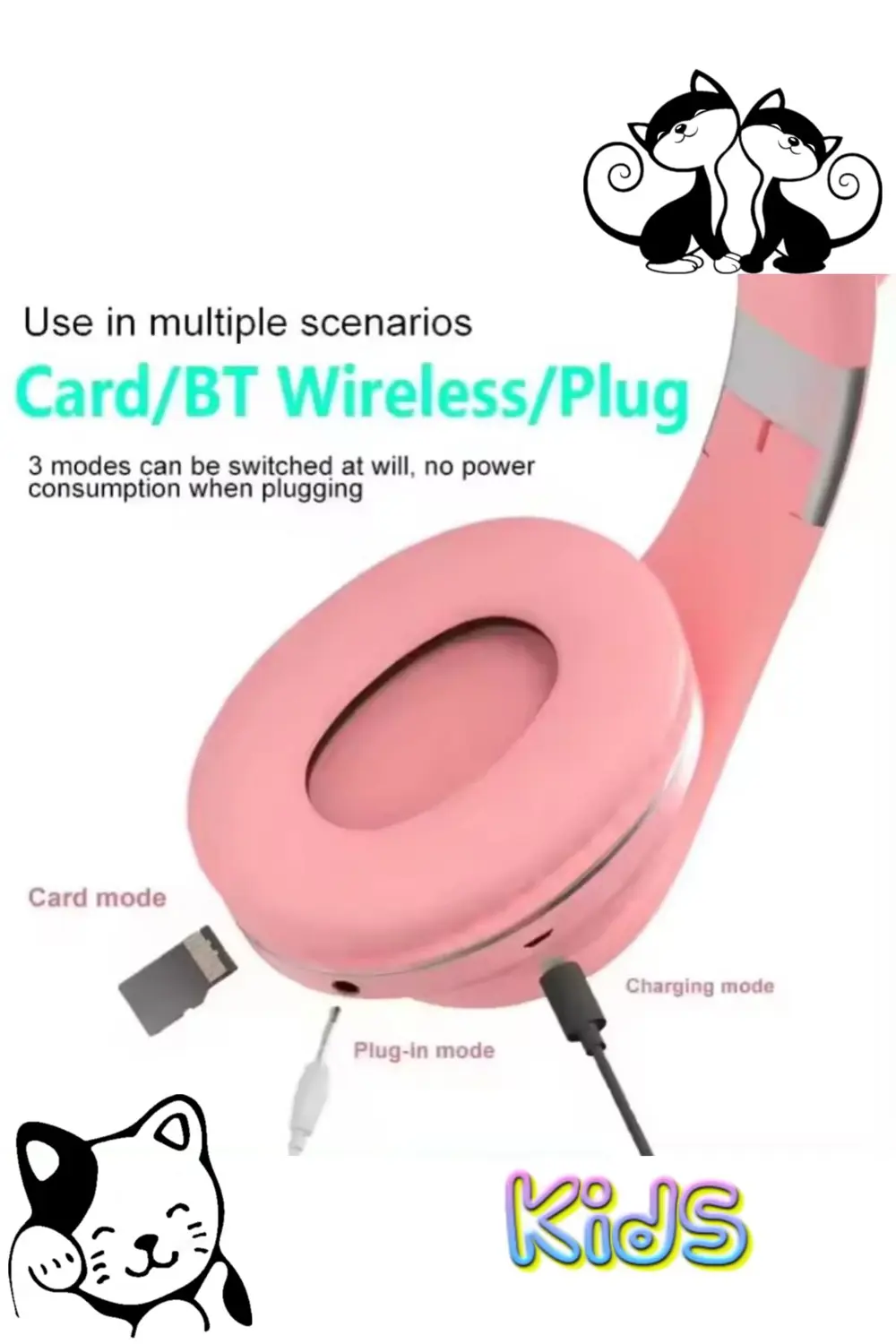 Bluetooth Kedi Kulaklık Aux Girişli Hafıza Kartlı Kulak Üstü Blue