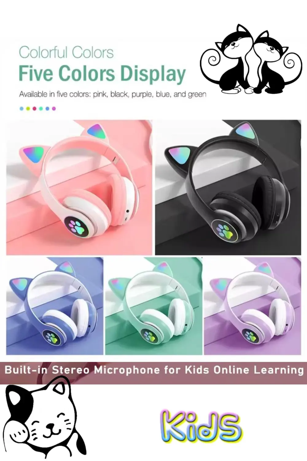 Bluetooth Kedi Kulaklık Aux Girişli Hafıza Kartlı Kulak Üstü Blue