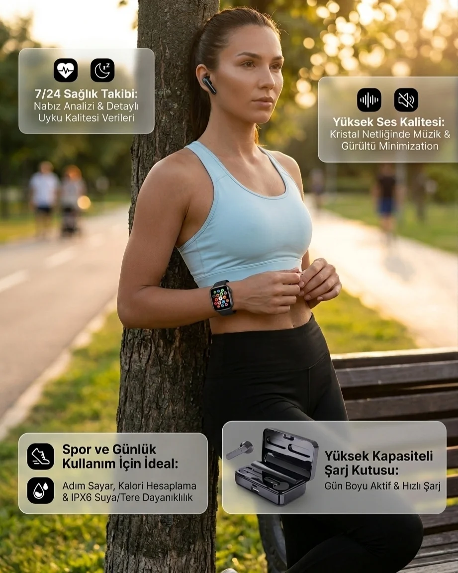 Bluetooth Kulaklıklı Akıllı Saat Seti 3D Ekran Yüksek Ses Kalitesi - Spor ve Sağlık Takibi İçin Mükemmel Çözüm