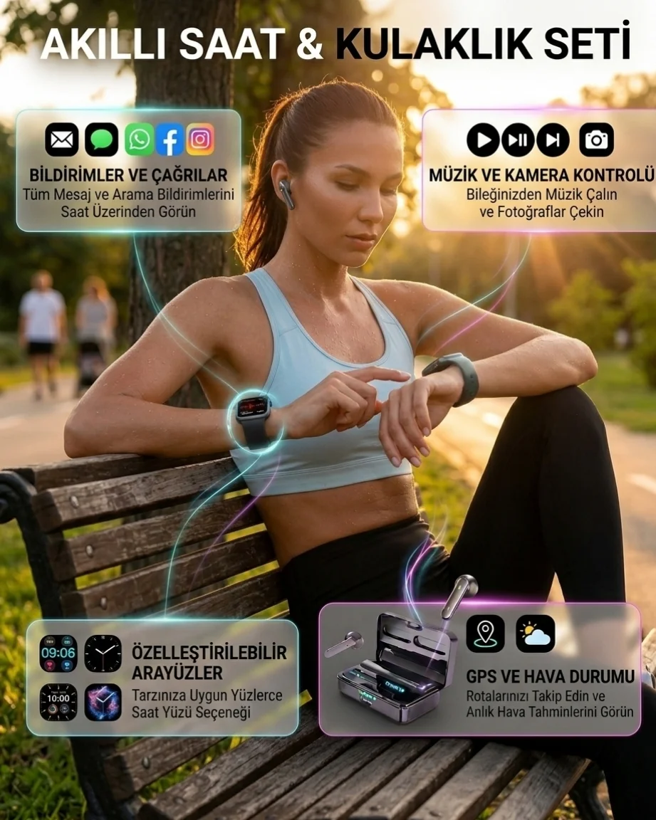 Bluetooth Kulaklıklı Akıllı Saat Seti 3D Ekran Yüksek Ses Kalitesi - Spor ve Sağlık Takibi İçin Mükemmel Çözüm