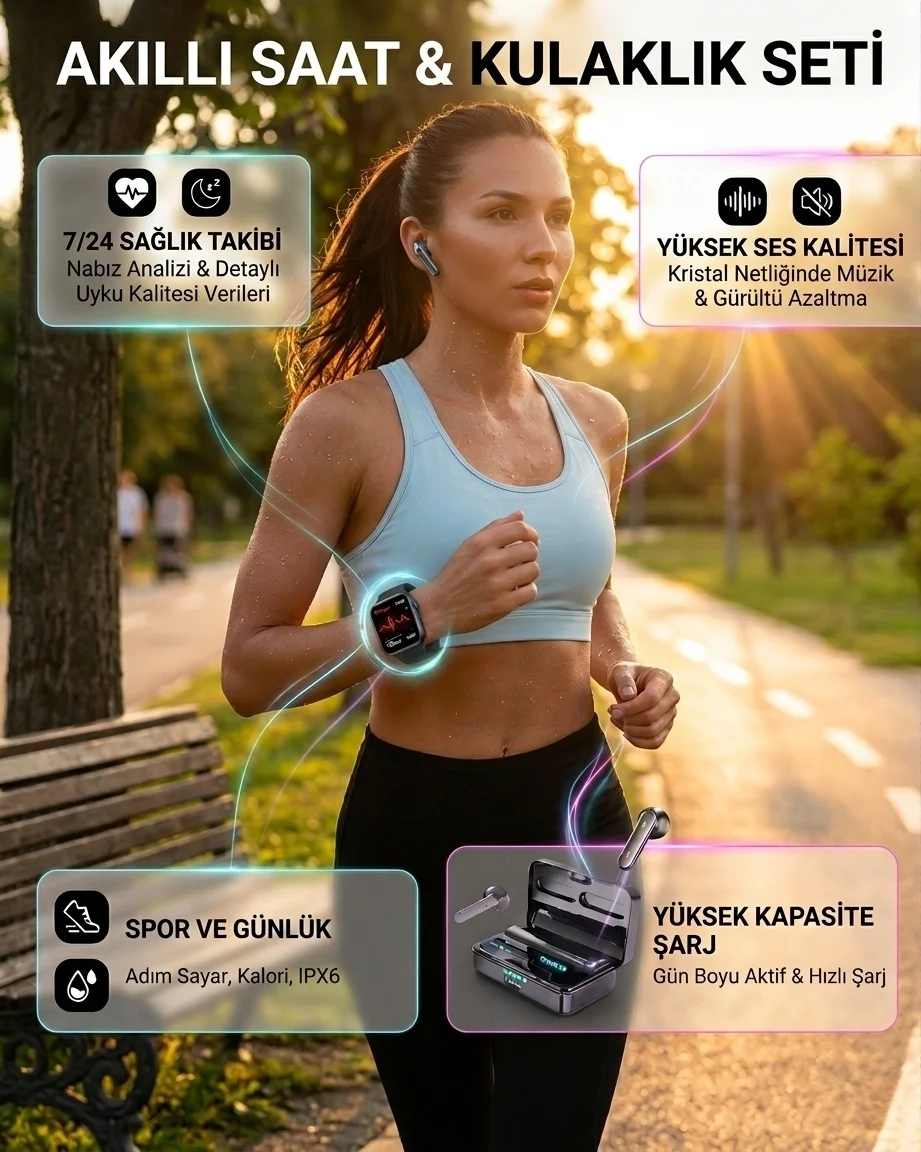 Bluetooth Kulaklıklı Akıllı Saat Seti 3D Ekran Yüksek Ses Kalitesi - Spor ve Sağlık Takibi İçin Mükemmel Çözüm