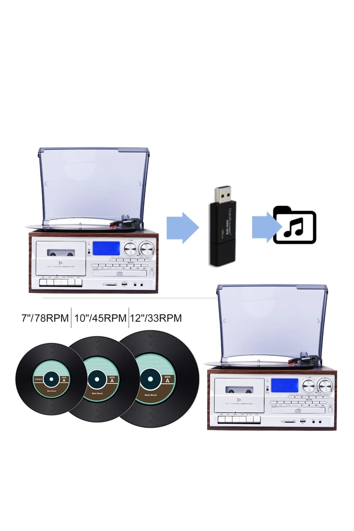 Bluetooth kumandalı CD, kaset, USB, radyo ve 33-45-78 devir plak çalabilen pikap kahverengi