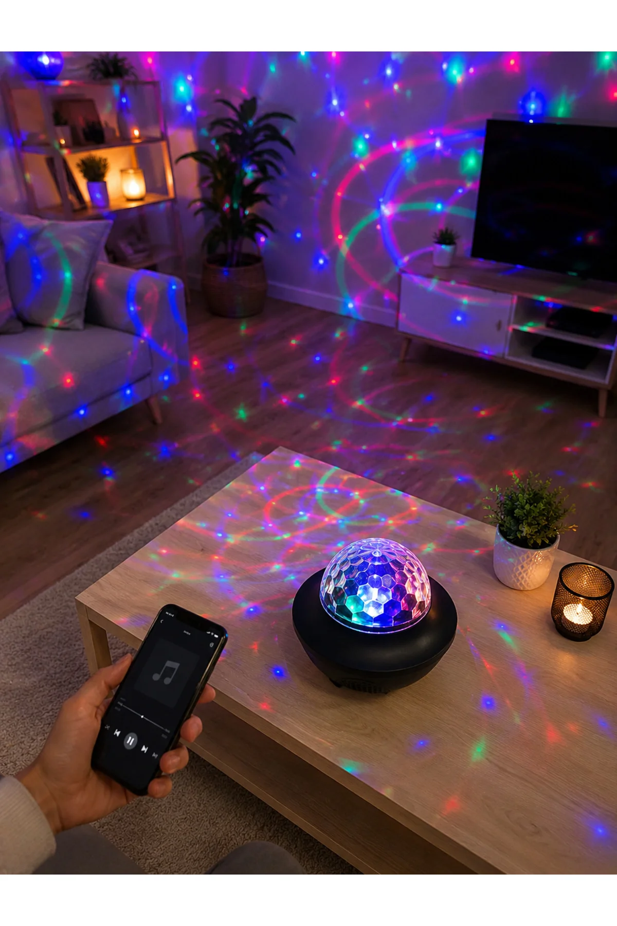 Bluetooth Müzikli Disko Işığı RGB Parti Projektörü Dahili Hoparlör USB Micro SD Destekli - Görsel 2