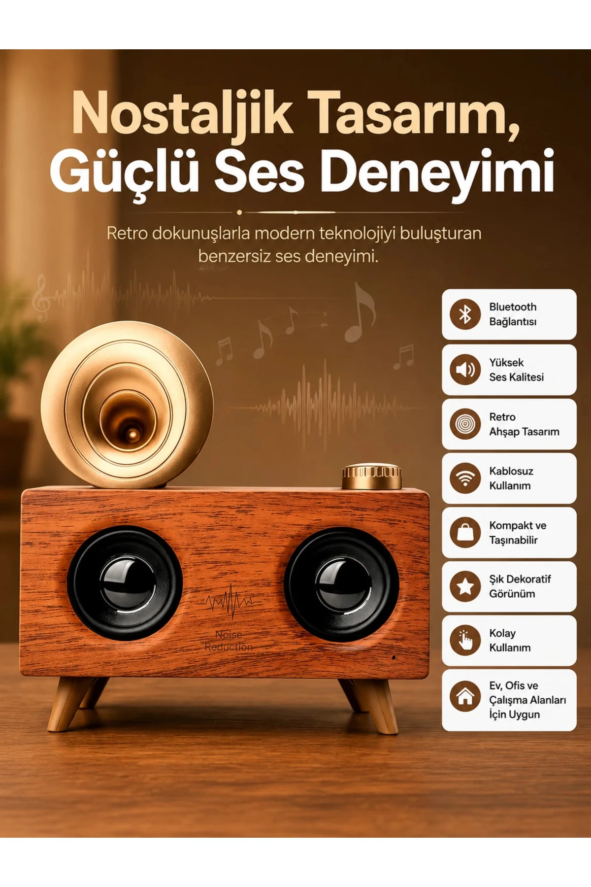 Bluetooth Nostalji Speaker Radyo Gramofon Ahşap Renk Vintage