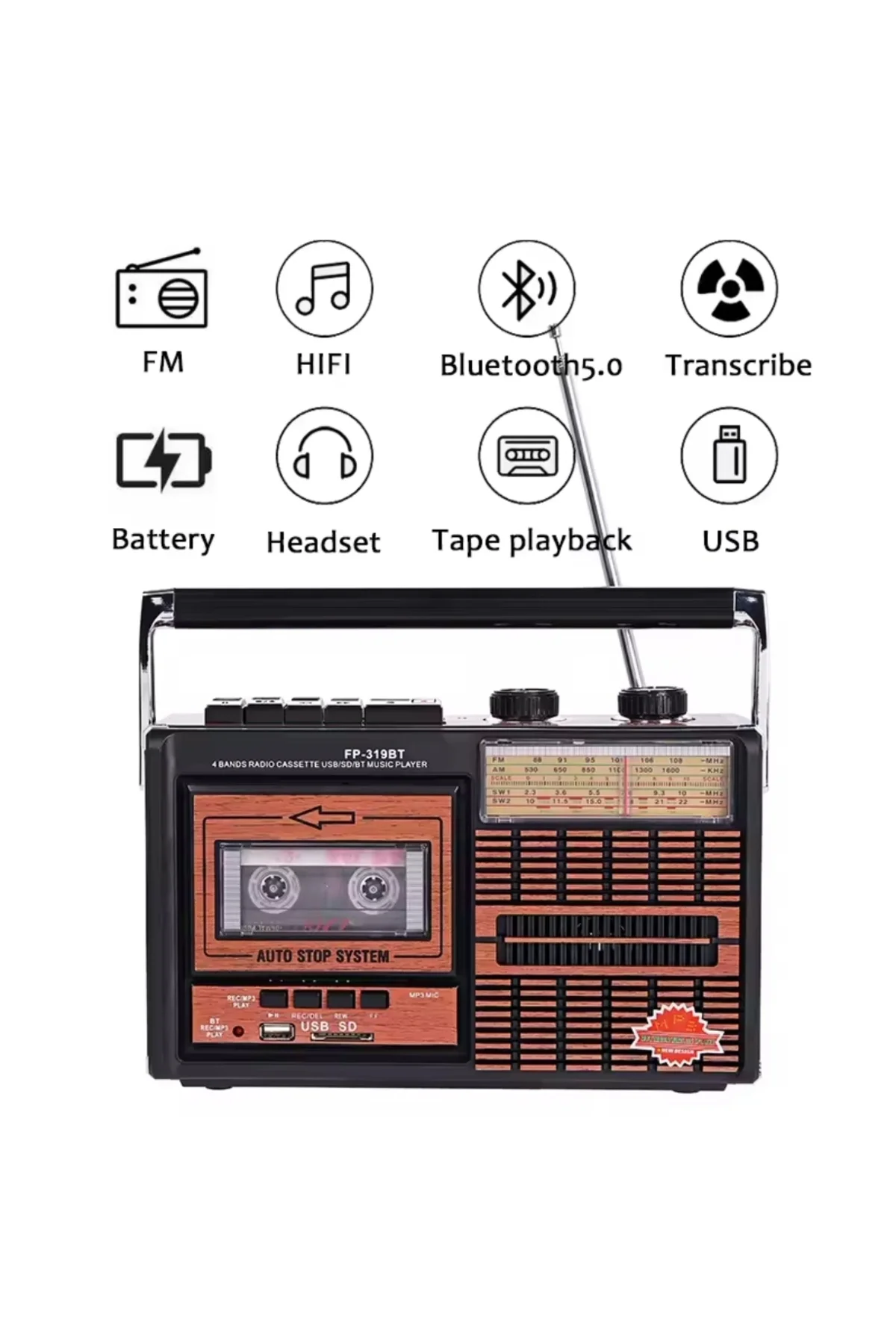 Bluetooth özellikli nostaljik radyo USB kart FM radyo kaset çalar bordo 2 yıl garantili