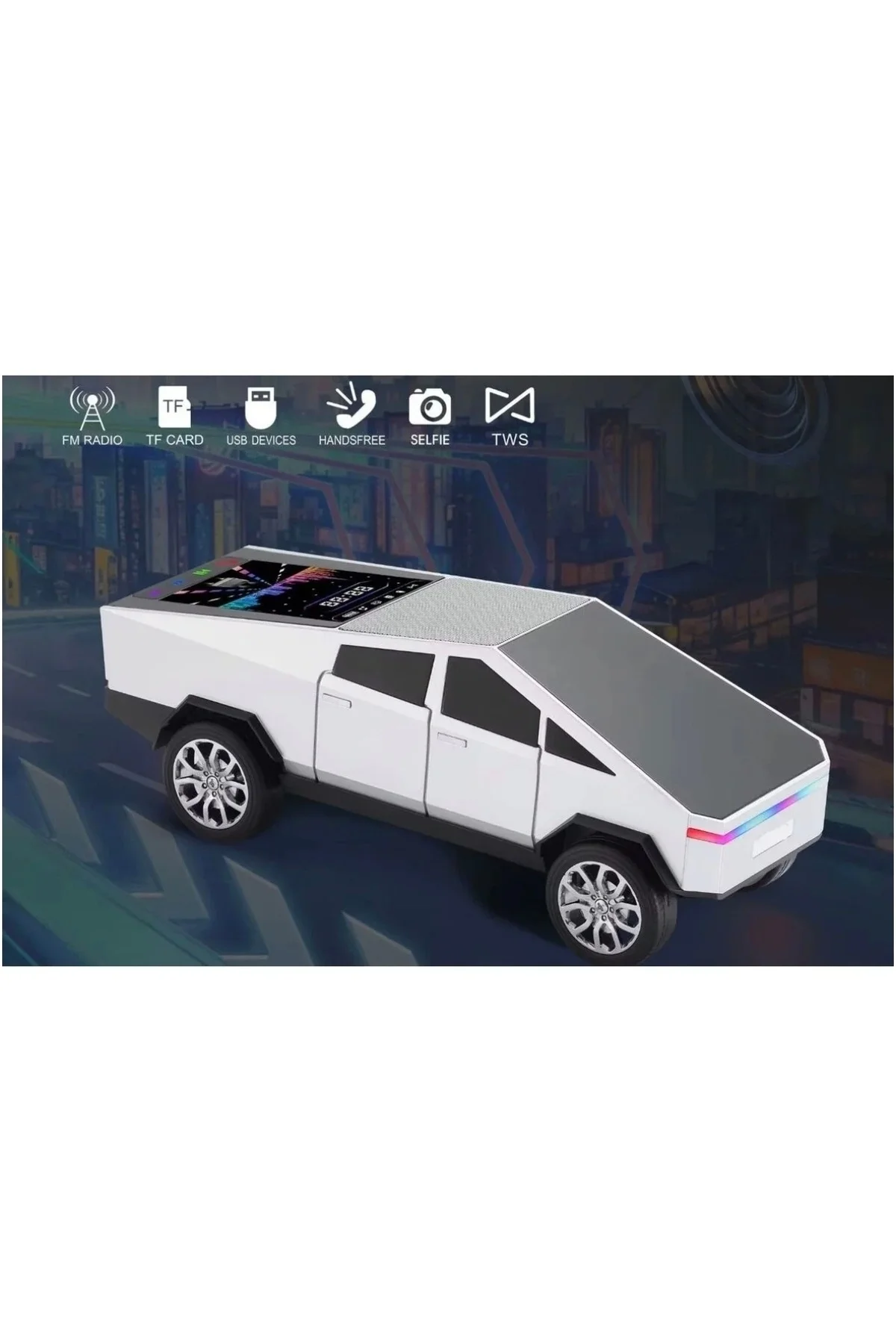 Bluetooth özellikli şarjlı araba tasarımlı hoparlör beyaz renk FM radyo SD kart USB girişli