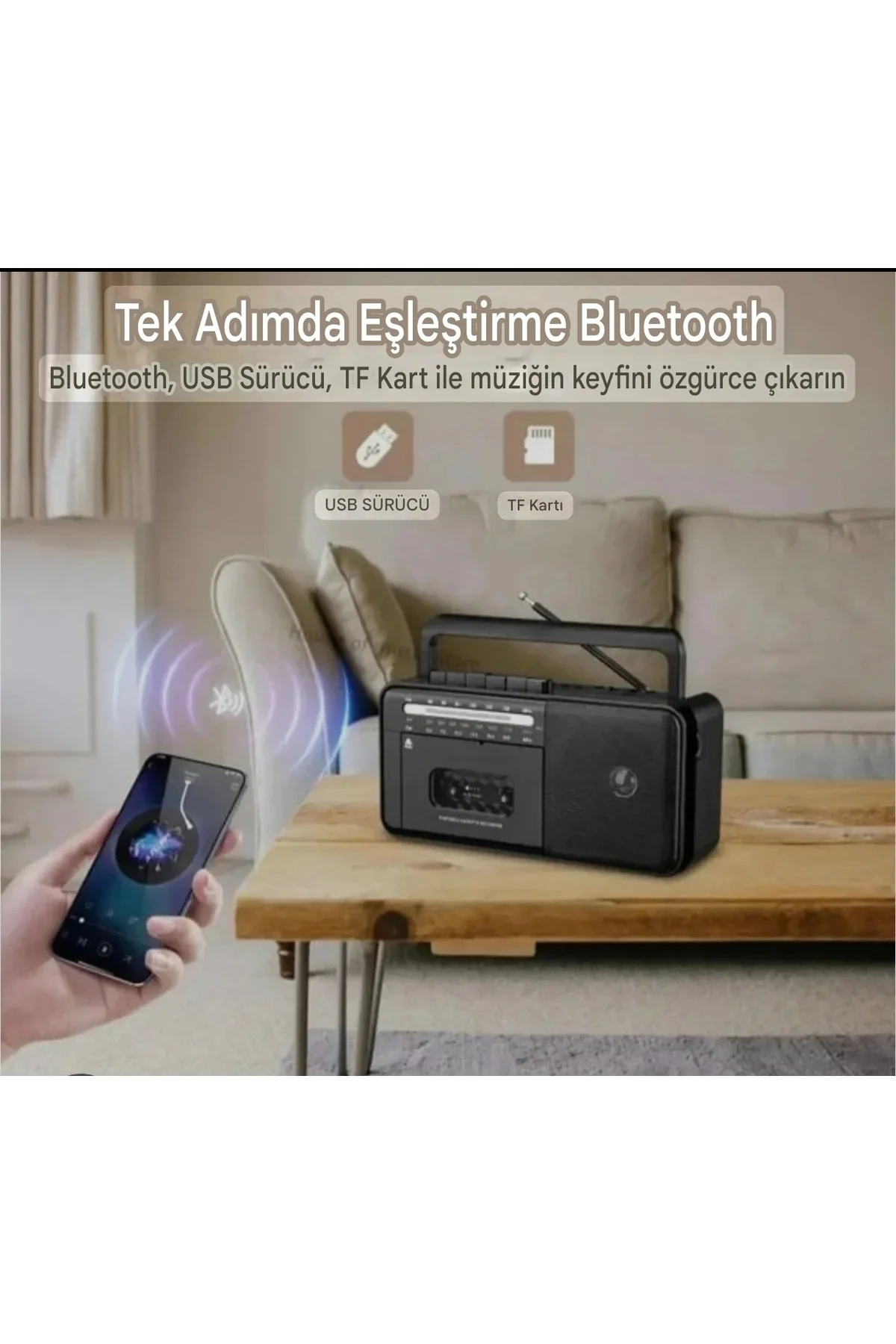 Bluetooth özellikli gri kaset çalar teyp, FM radyo, USB ve MP3 oynatıcı, 2 yıl garantili
