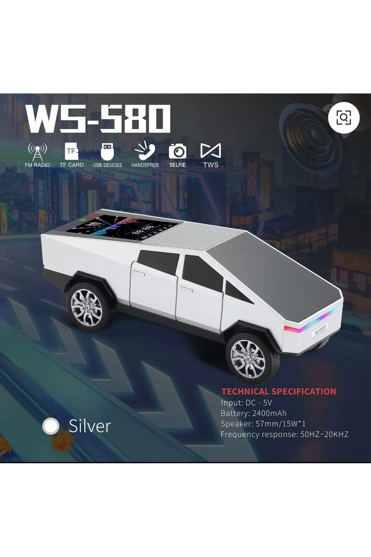 Bluetooth özellikli şarjlı araba tasarımlı hoparlör beyaz renk FM radyo SD kart USB girişli