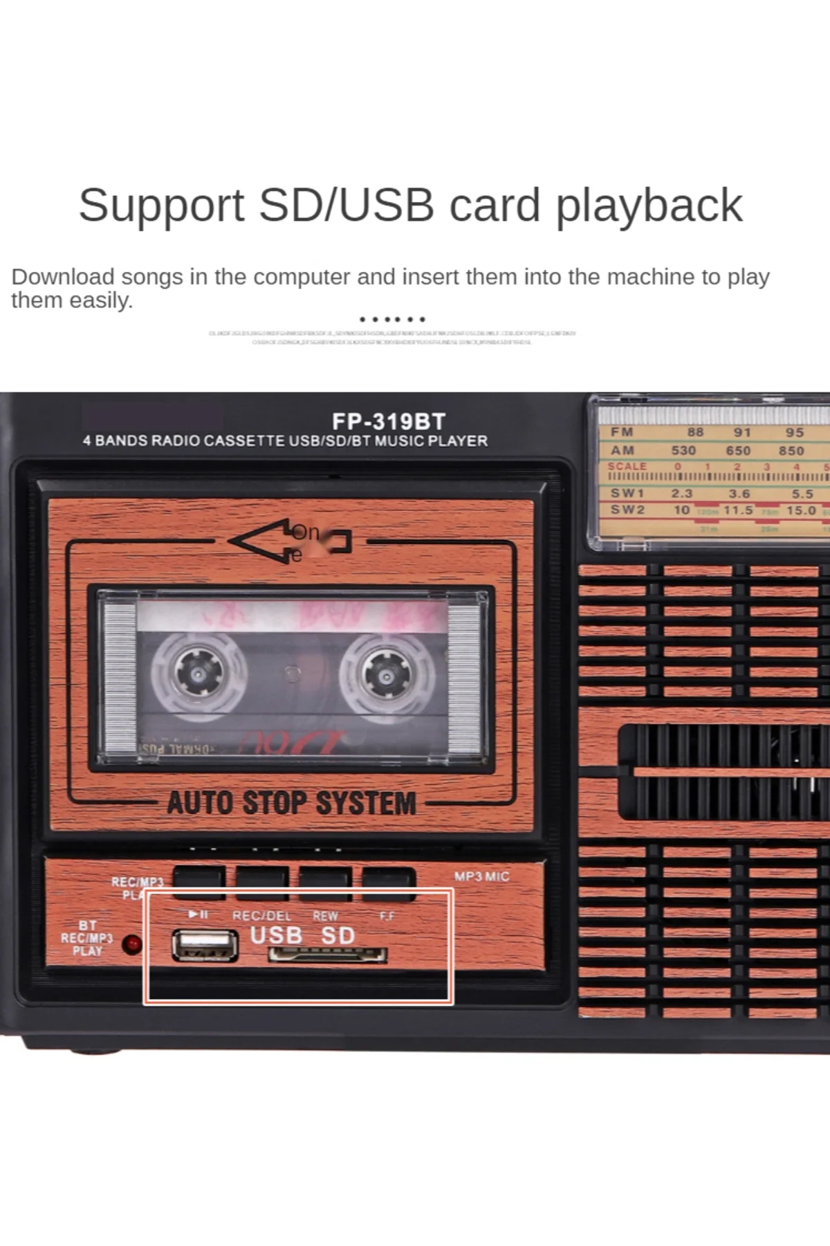 Bluetooth özellikli nostaljik radyo USB kart FM radyo kaset çalar bordo 2 yıl garantili