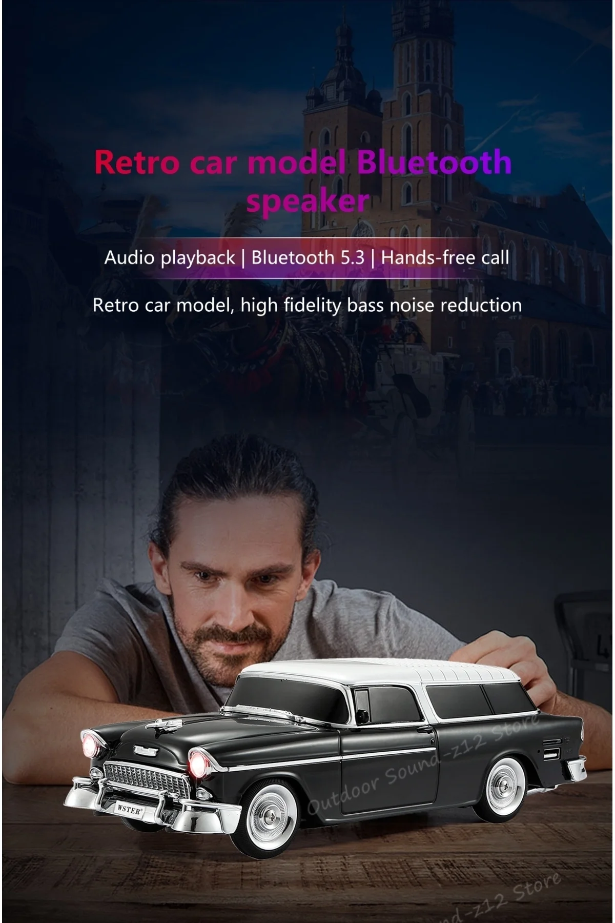 Bluetooth özellikli siyah nostaljik araba tasarımlı hoparlör 10 watt FM radyo SD kart USB