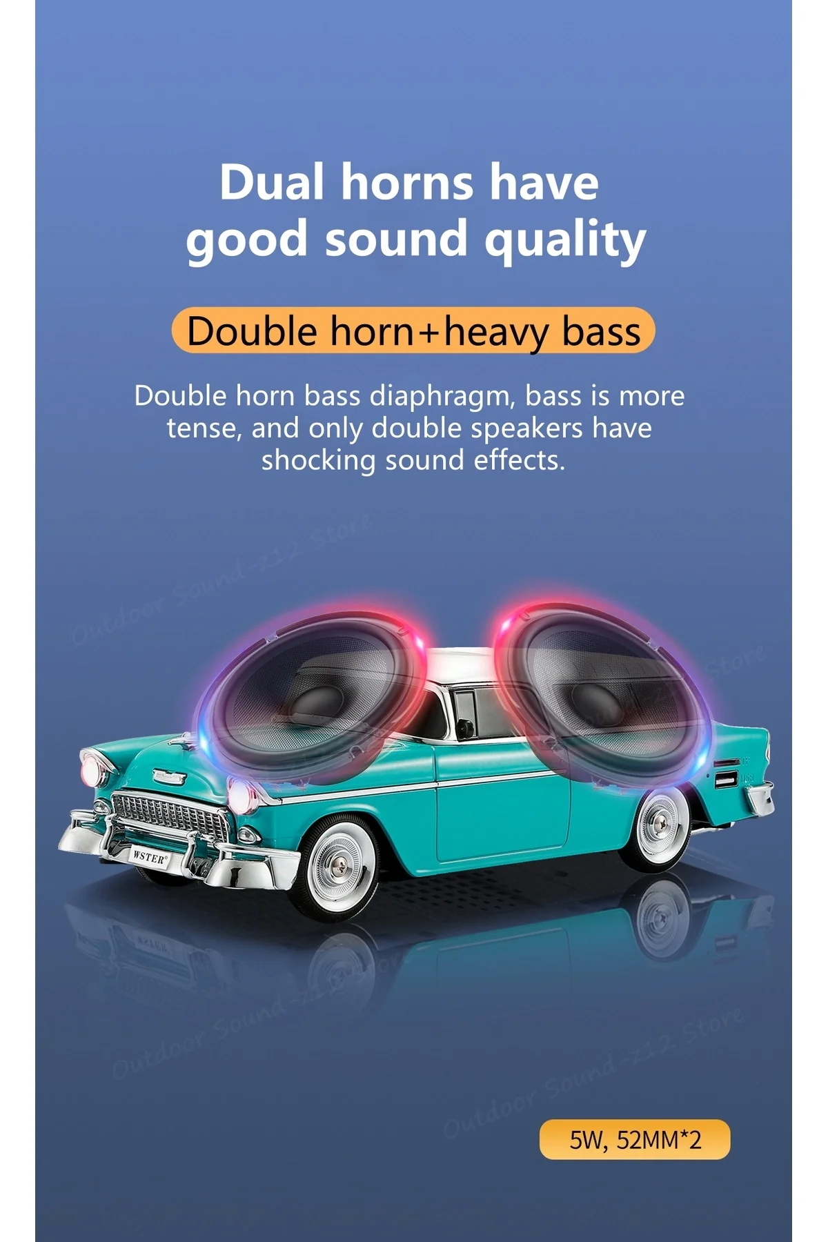 Bluetooth özellikli nostaljik araba tasarımlı hoparlör 10W FM radyo SD kart USB turkuaz
