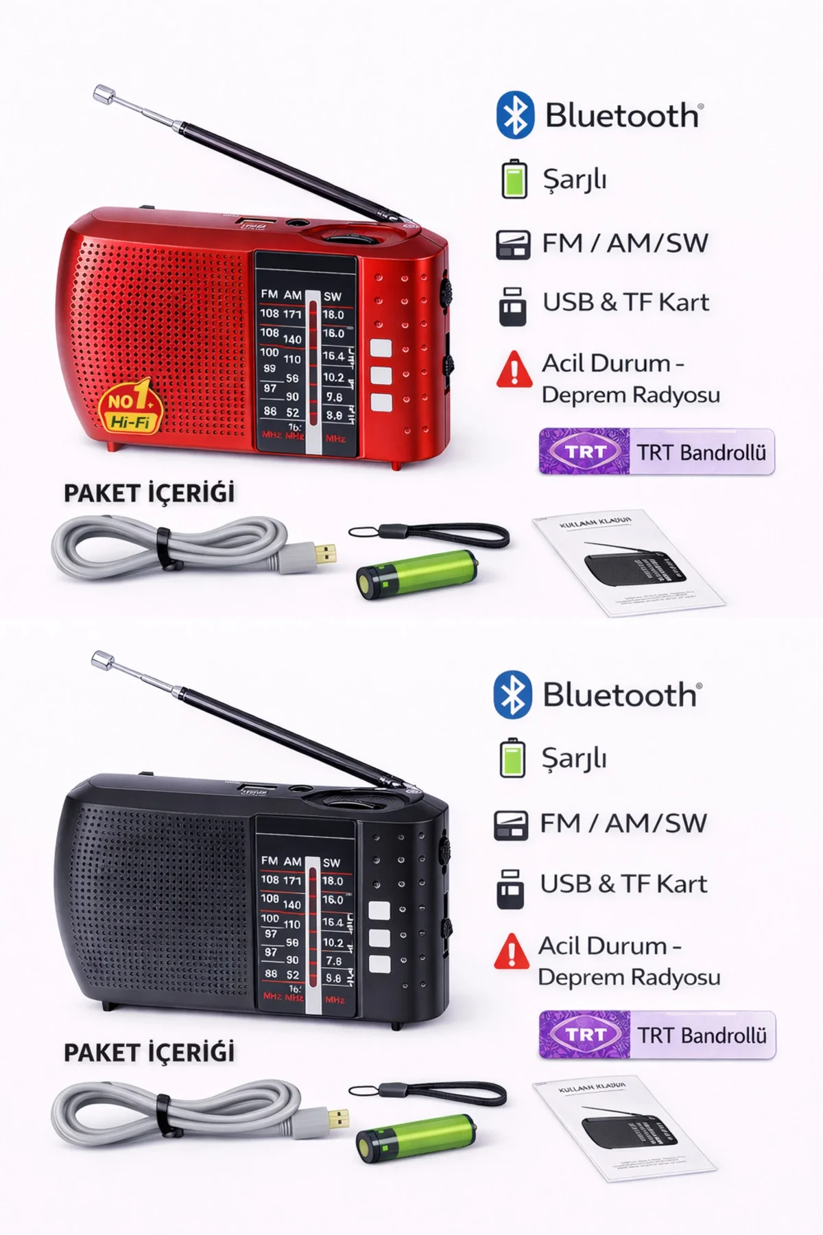 Bluetooth özellikli siyah nostaljik radyo FM AM SW USB TF kart destekli 2 yıl garantili