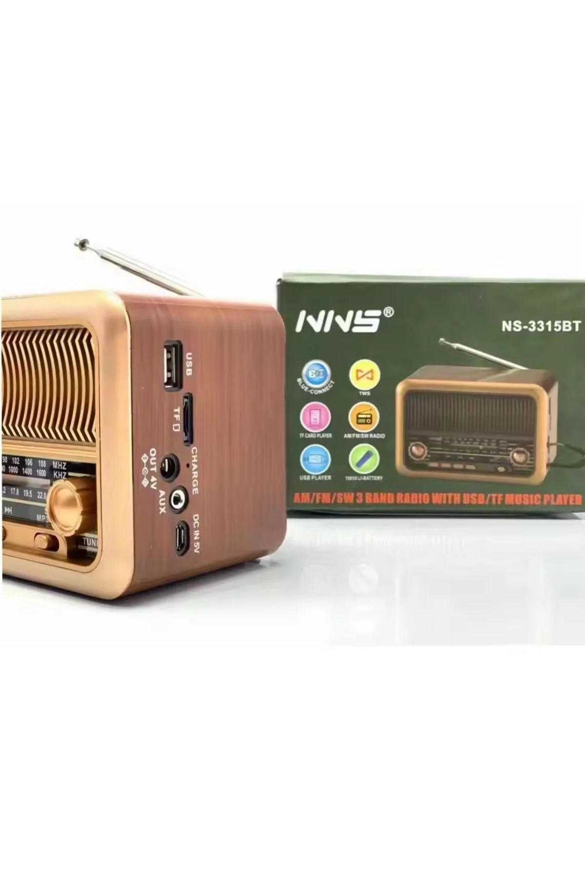 Bluetooth özellikli kahverengi taşınabilir nostaljik radyo MP3 çalar 2 yıl garantili