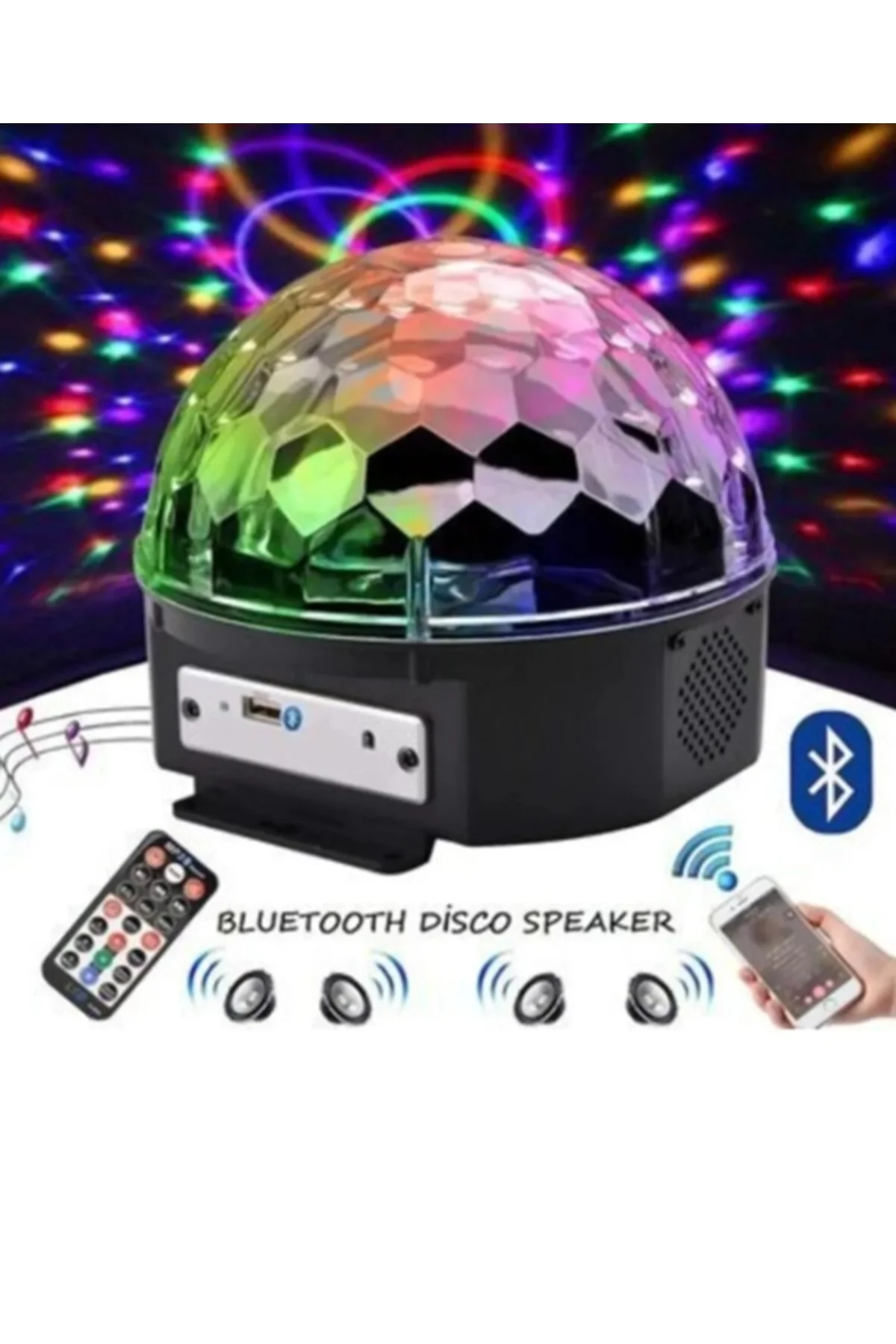 Bluetooth özellikli beyaz renkli ışıklı lazer led küre disko topu parti aydınlatması