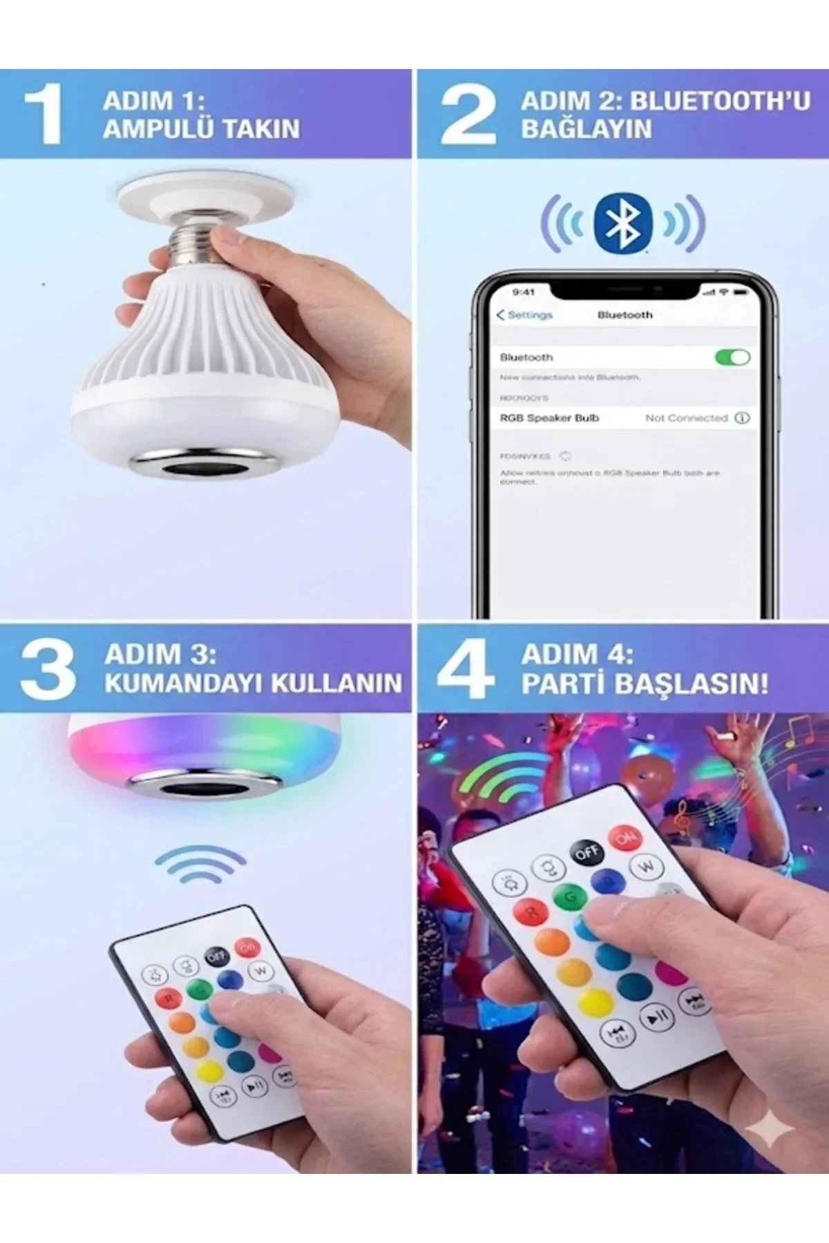 Bluetooth RGB LED Hoparlörlü Akıllı Ampul - Renkli Müzikli Lamba ve Kumanda Bluetooth RGB LED Hoparlörlü Akıllı Ampul - Renkli Müzikli Lamba ve Kumanda